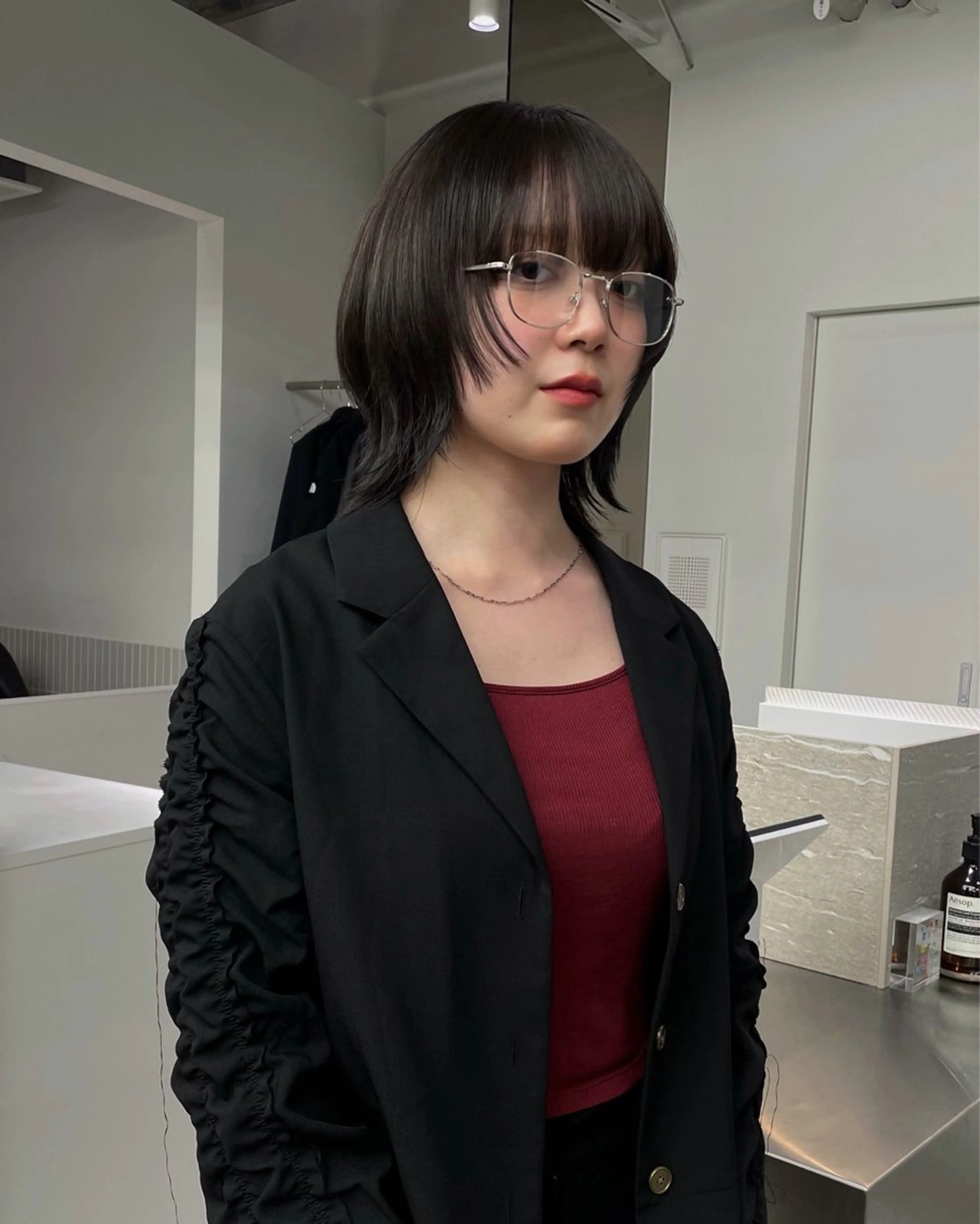 ミディアム カラー 透明感カラー グレージュ HARUKA/原宿 ショートカットモデルのヘアスタイル