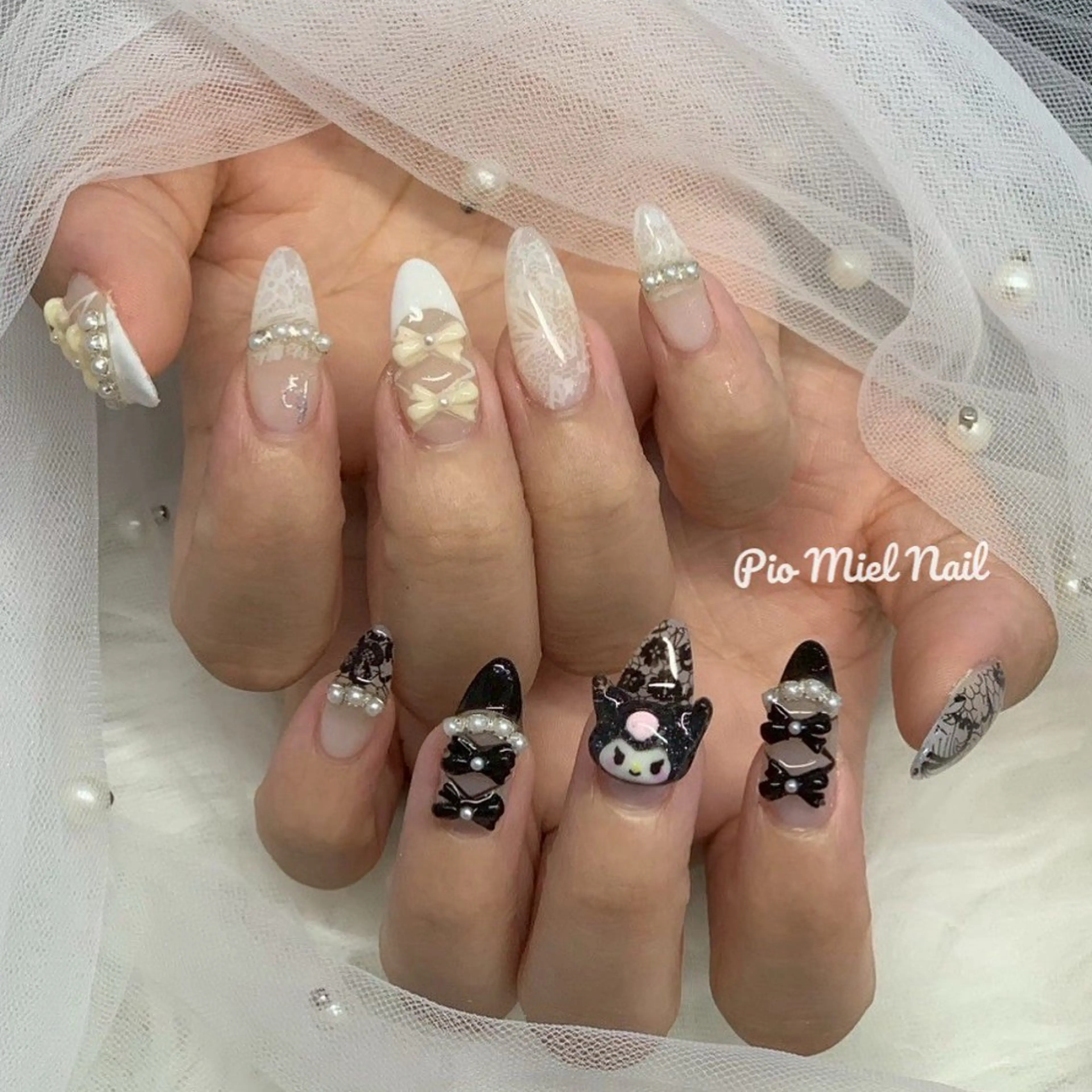 ネイル アートネイル ジェルネイル ガーリー パラジェル リボン ハンドネイル momo 長さだしのネイルデザイン