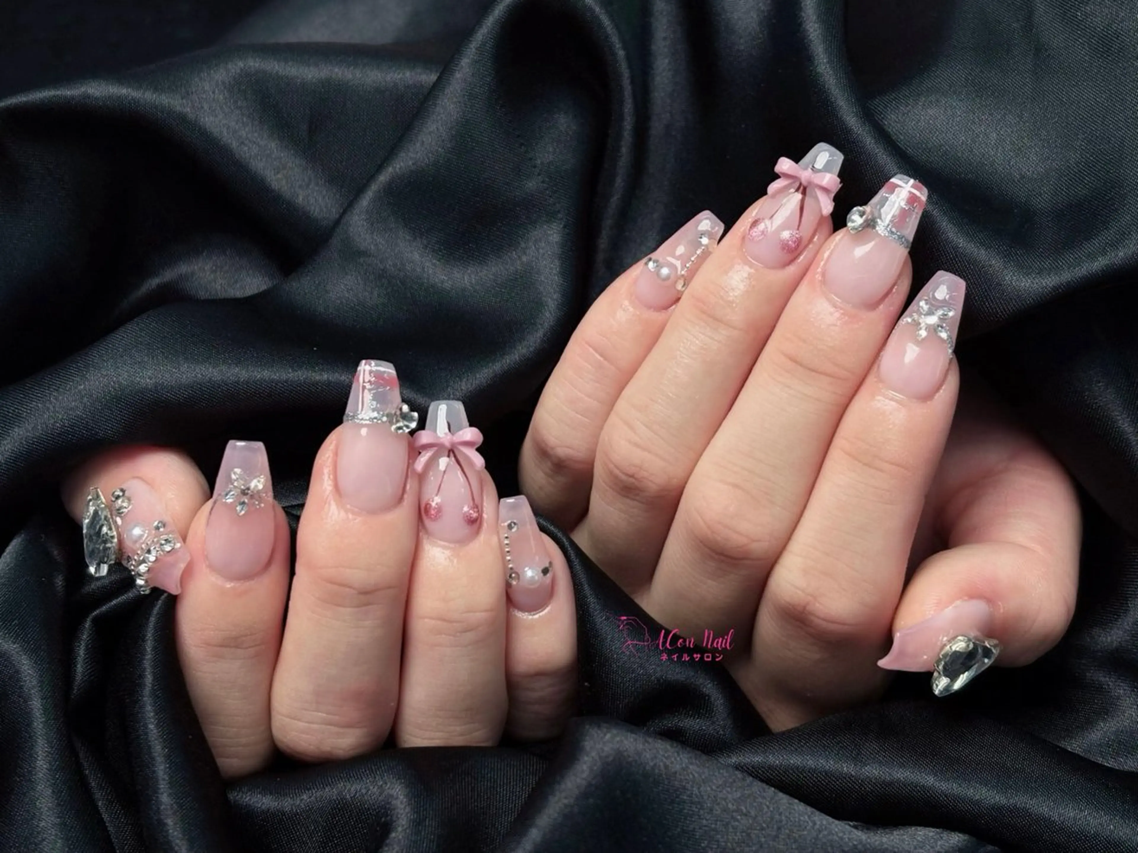 ネイル 桜ネイル 長さ出し フラワーネイル フレンチネイル ジェルネイル ハンドネイル ACon NailSalonのネイルデザイン
