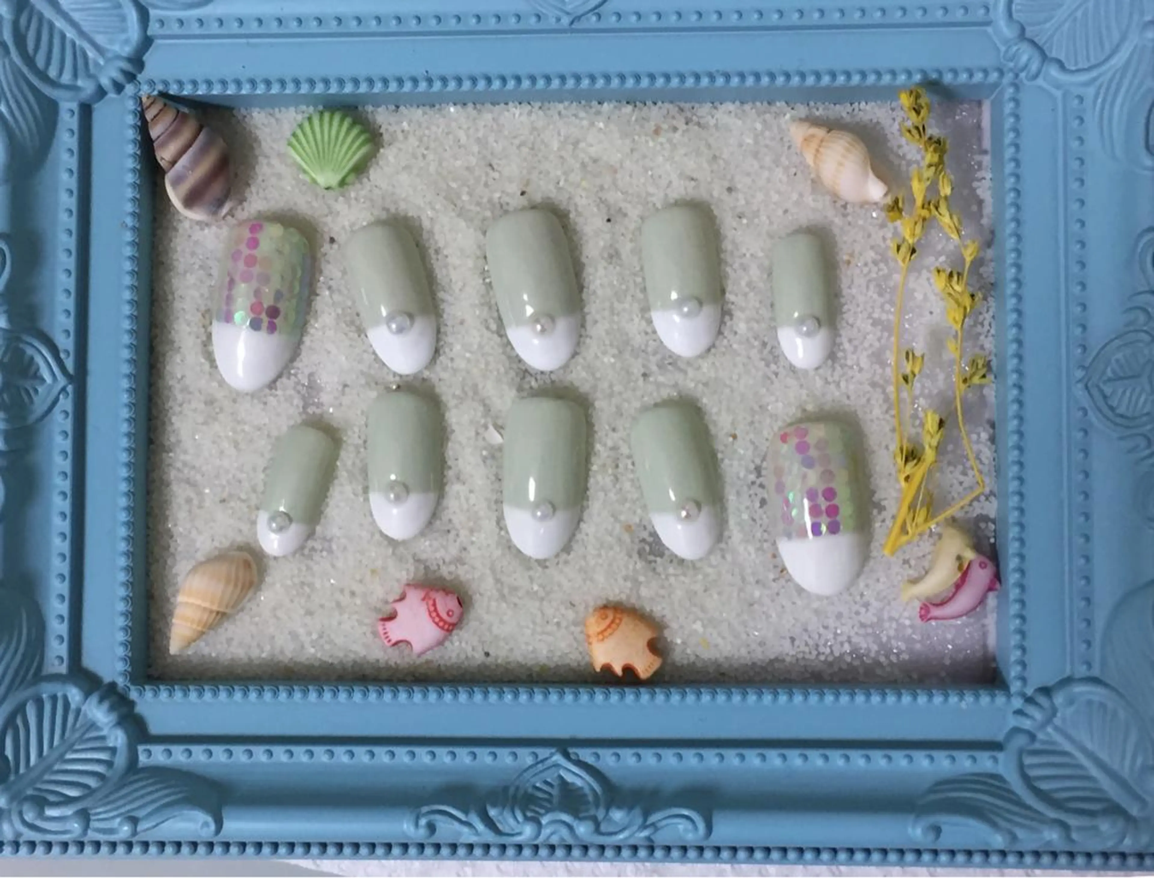 ネイル グリーン ホワイト noheanail YONEDAのネイルデザイン