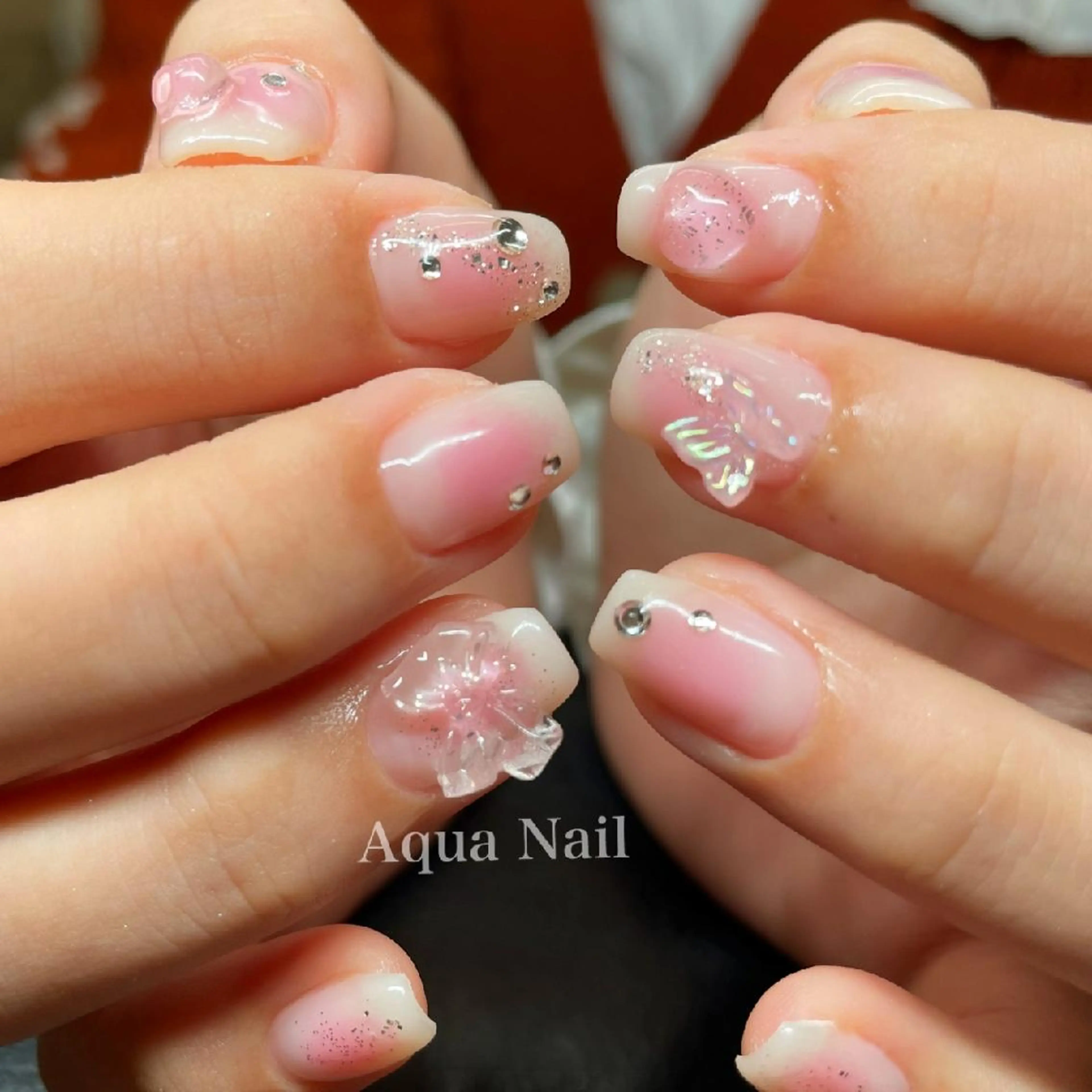 ネイル チークネイル ピンク リボン ハンドネイル フットネイル AQUA NAILのネイルデザイン