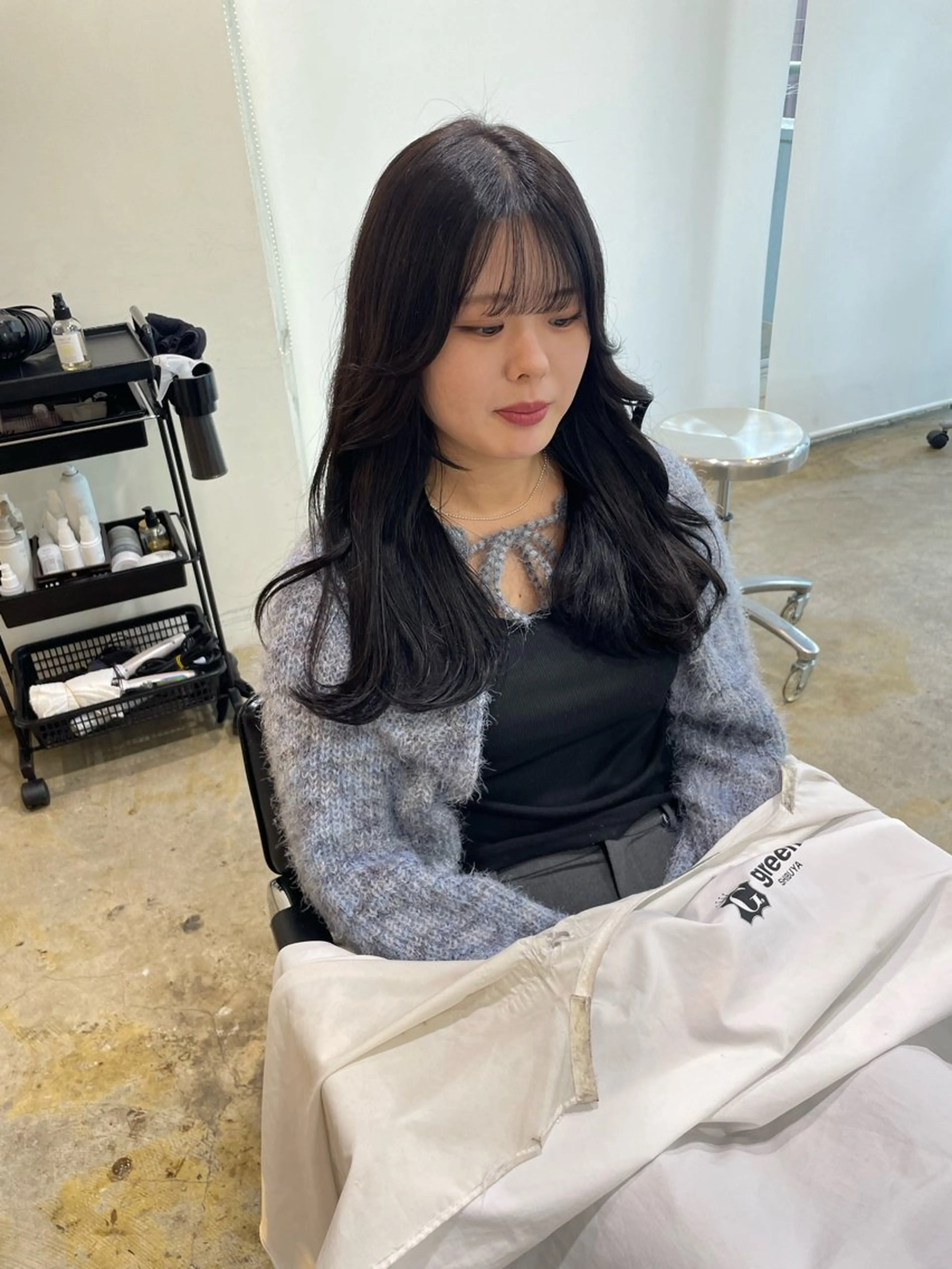 ロング カラー 黒髪 ブルーカラー ブルーブラック 韓国風ヘア カット ヘアカラー トリートメント MIOベージュカラー 柔らかいカラーのヘアスタイル