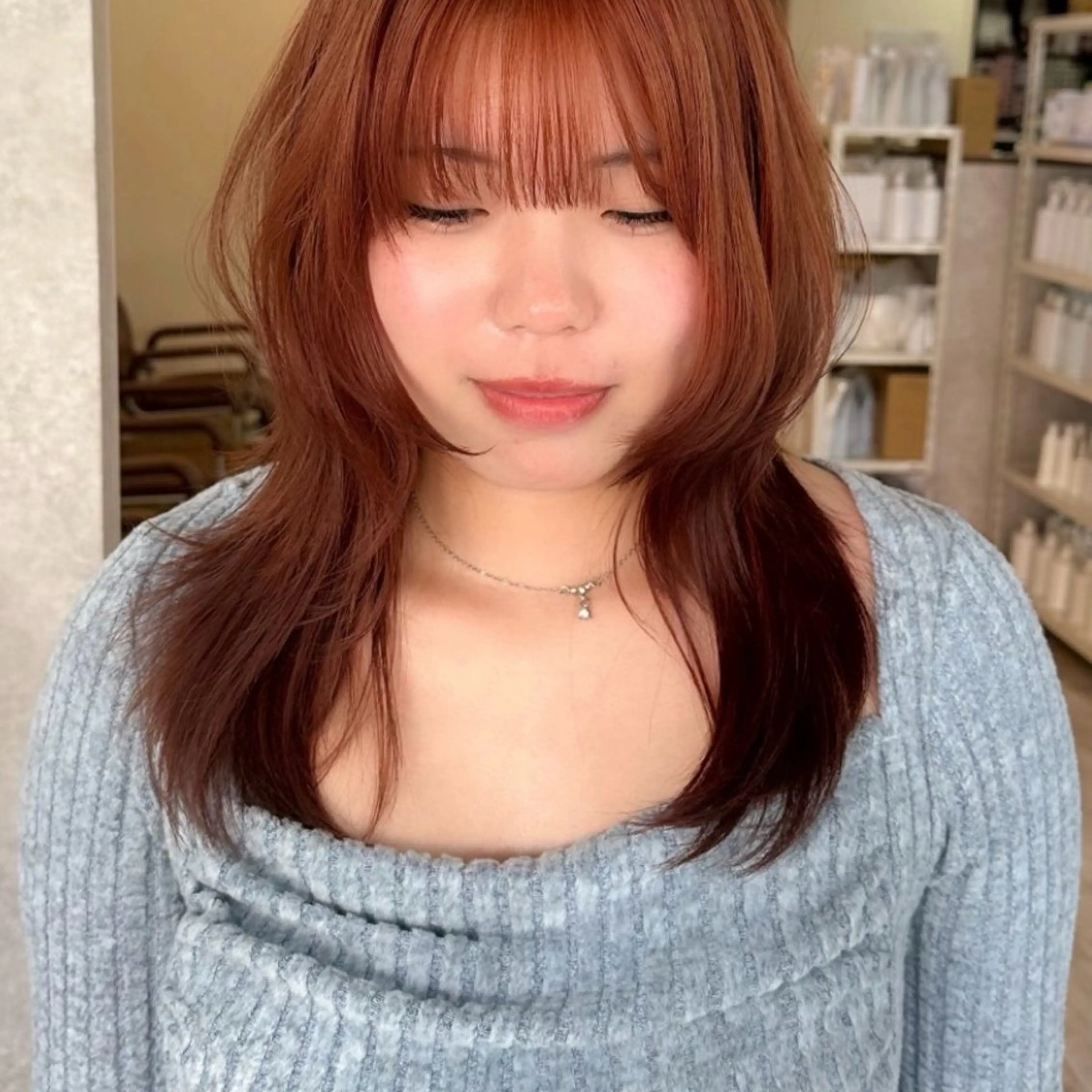 セミロング カラー ブリーチ ブラウンカラー ケアブリーチ オレンジ オレンジブラウン カット ヘアカラー トリートメント レイヤー/高橋 みく /池下/千種のヘアスタイル