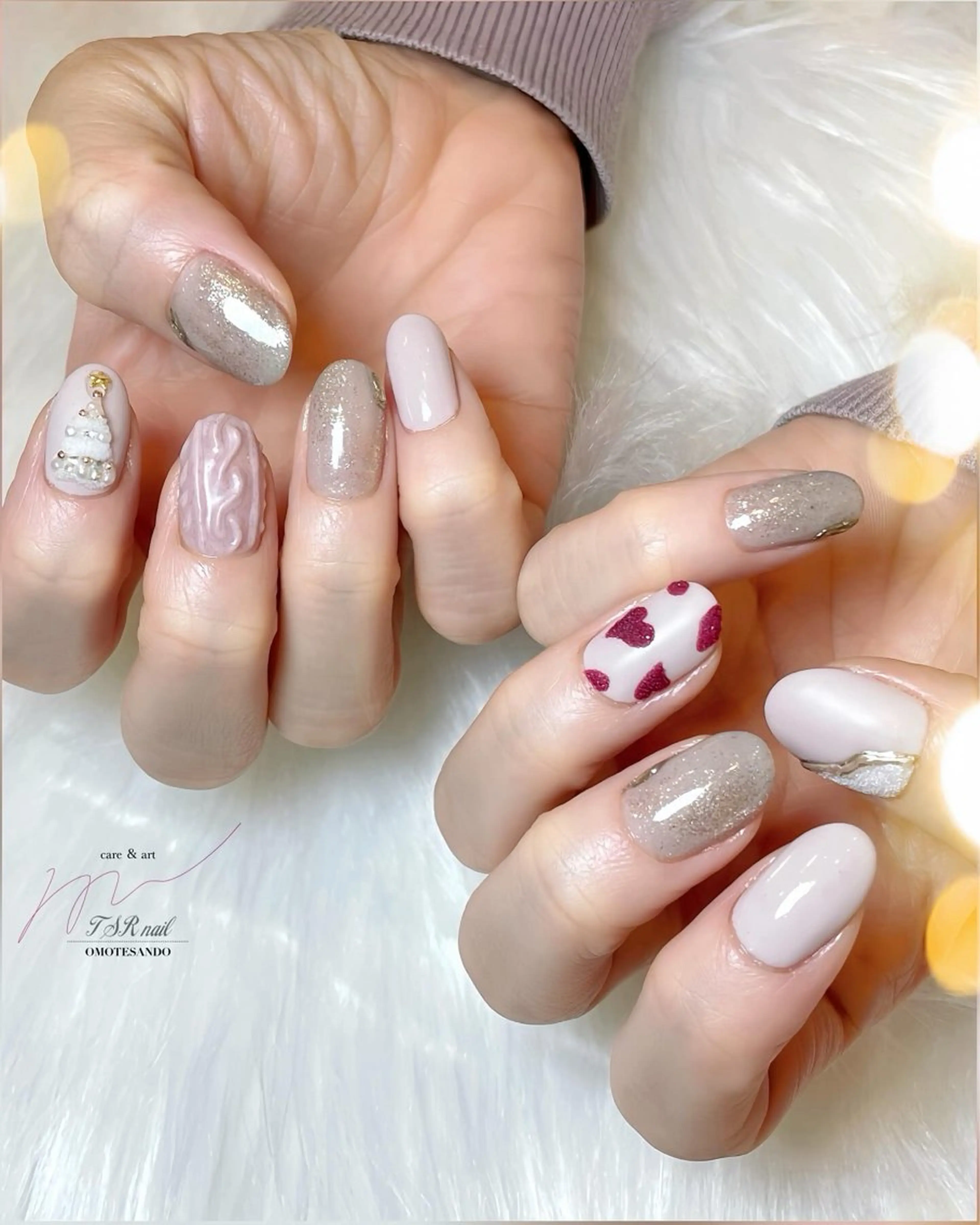 ネイル グリーン ハート ピンク 冬ネイル ハンドネイル ハンドケア 爪咲 りり花のネイルデザイン