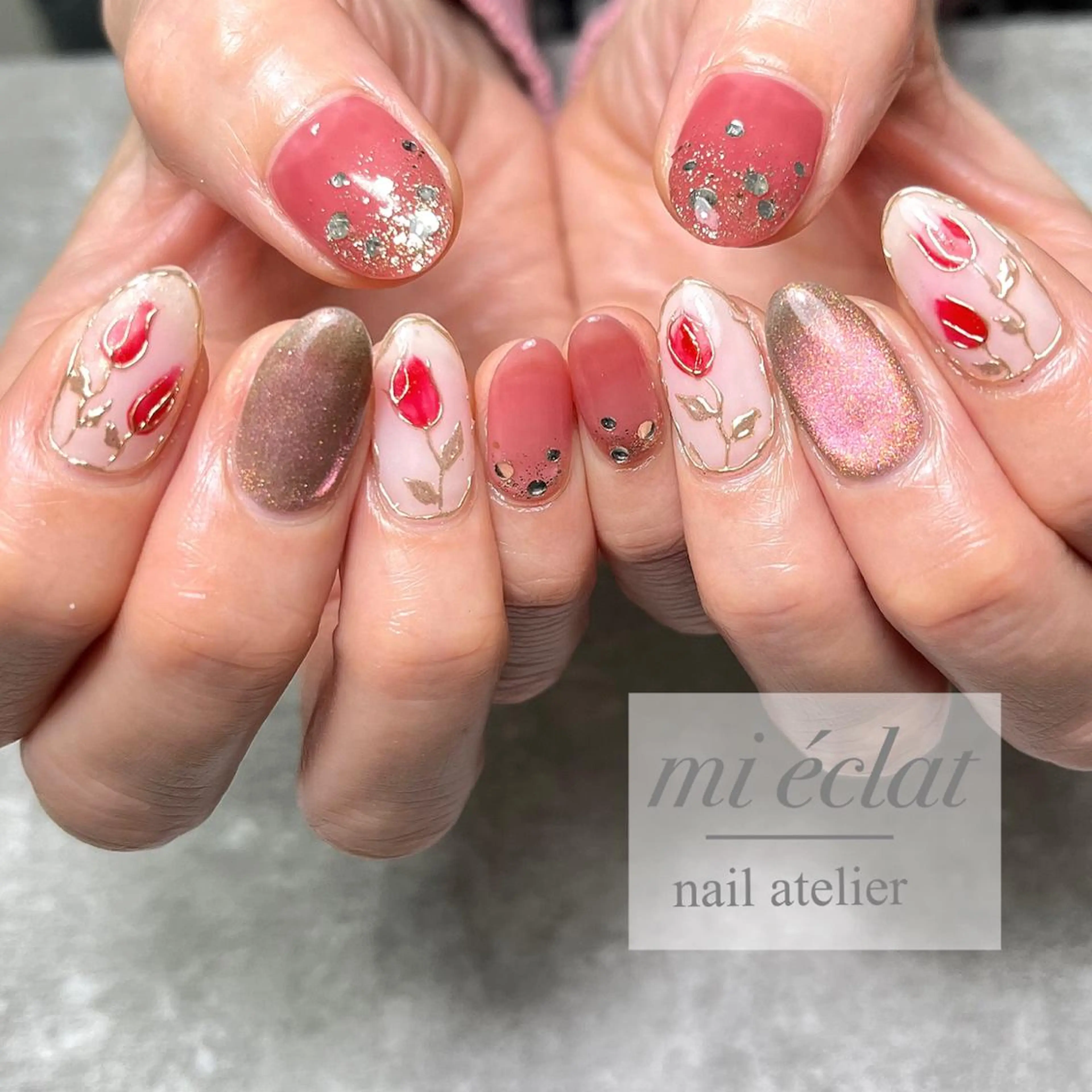 ネイル アートネイル ブラウン 桜ネイル 入学式 フラワーネイル mi éclat ミ　エクラのネイルデザイン