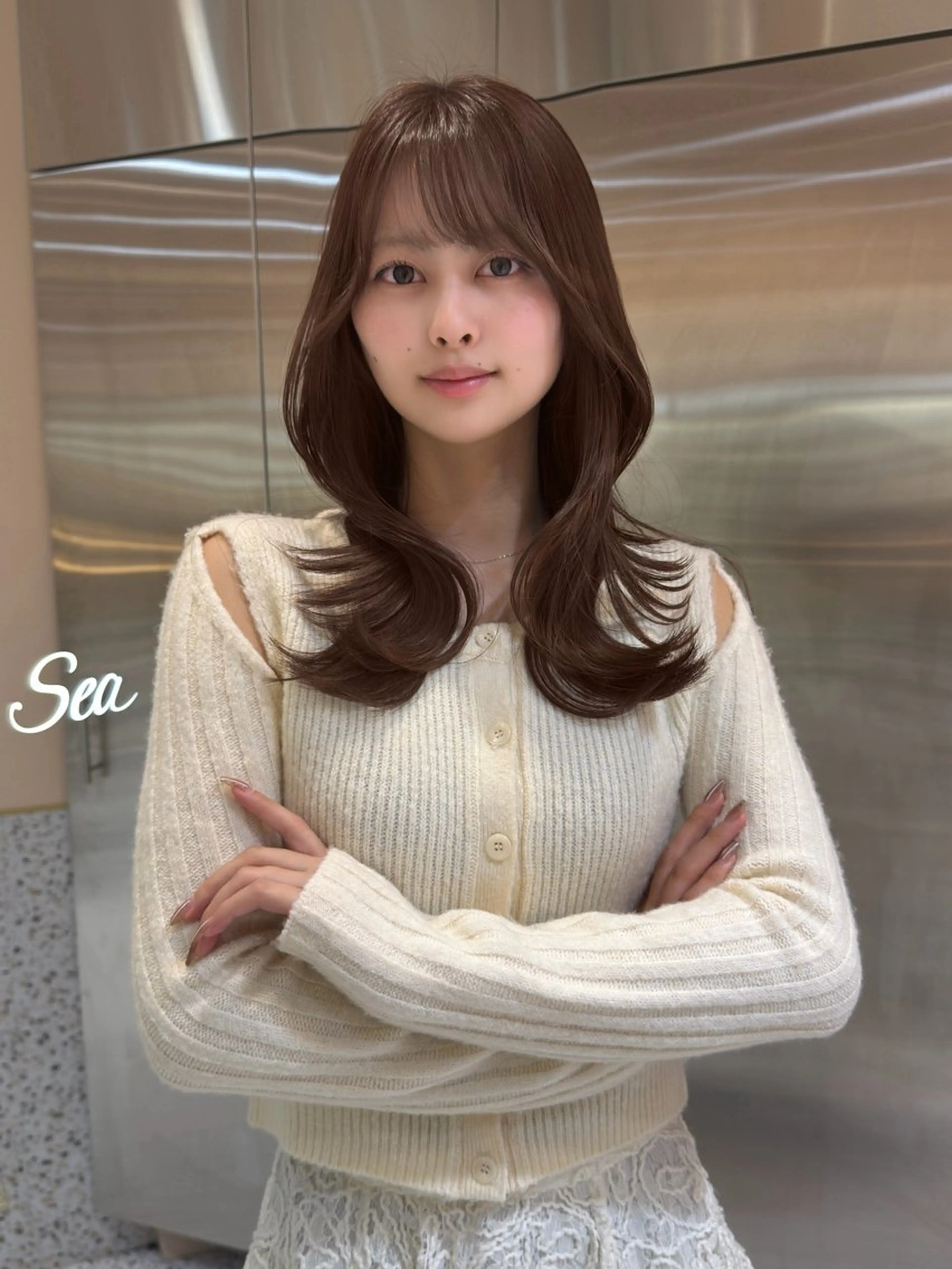 ロング カラー ブリーチ 縮毛矯正 カット ヘアカラー トリートメント 今っぽレイヤーカット グレージュ/リョウヤのヘアスタイル