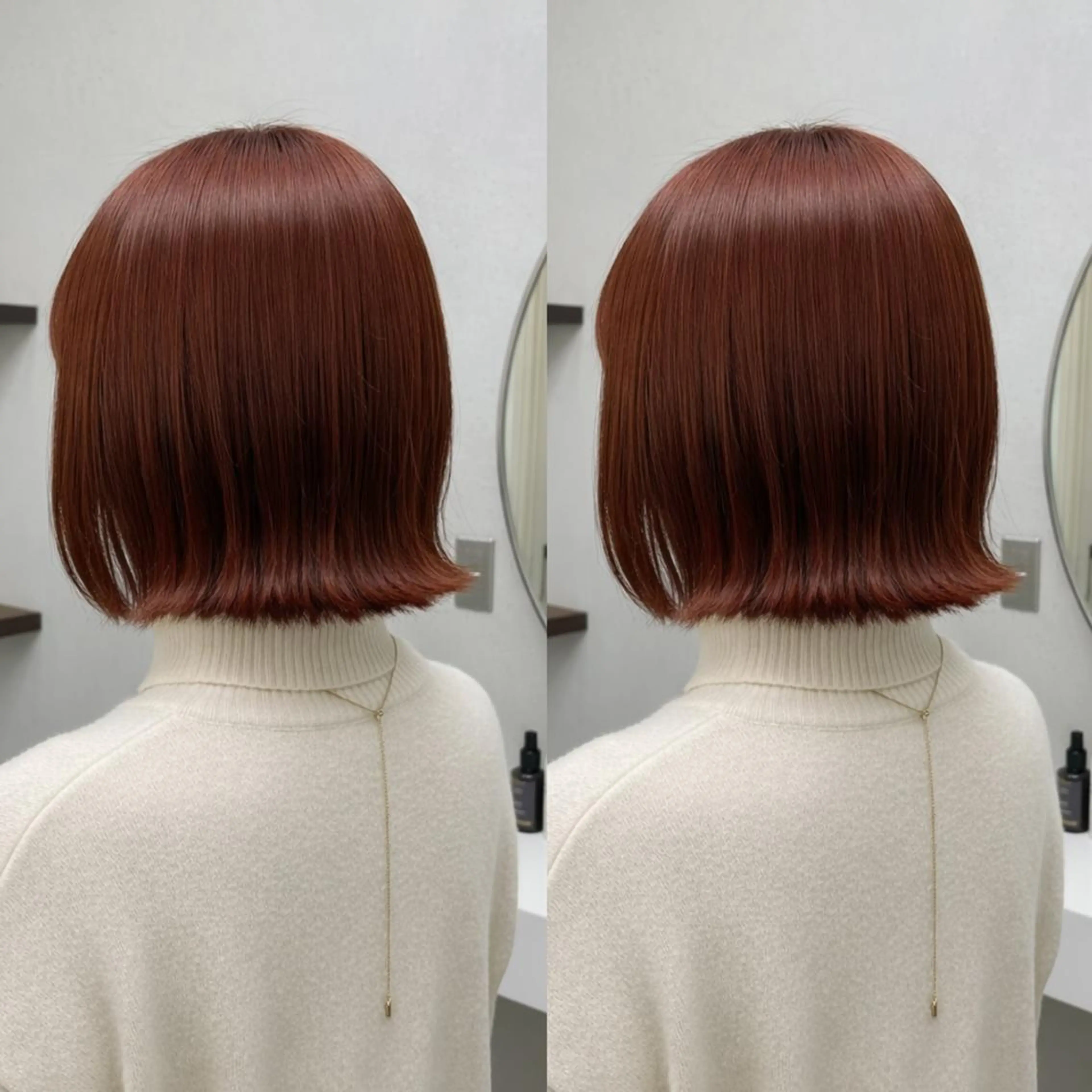 ミディアム 💕透明感赤味カラー ぱっつんボブ🩷のヘアスタイル