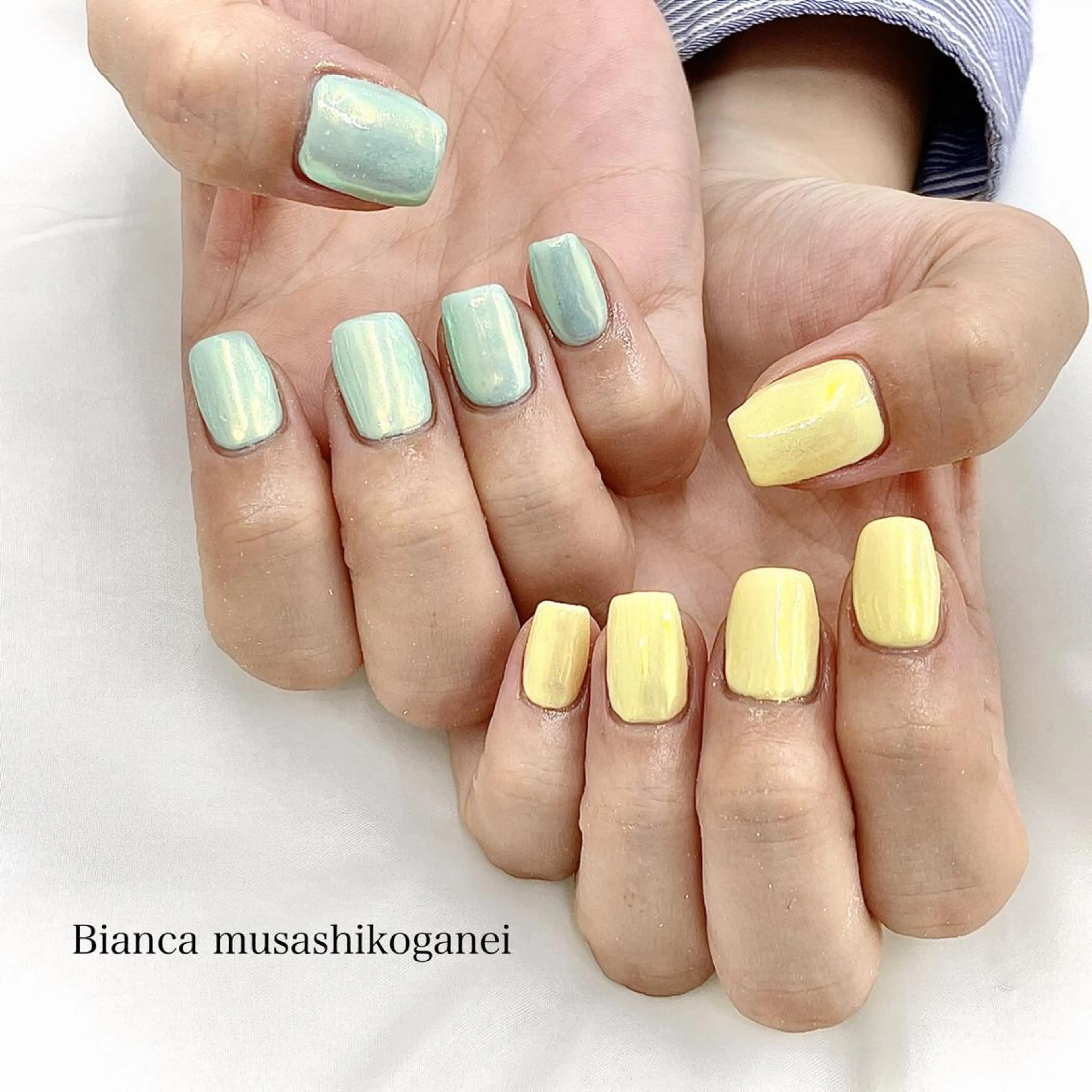 ネイル グリーン パステルネイル 黄色 Bianca 武蔵小金井 ほしののネイルデザイン