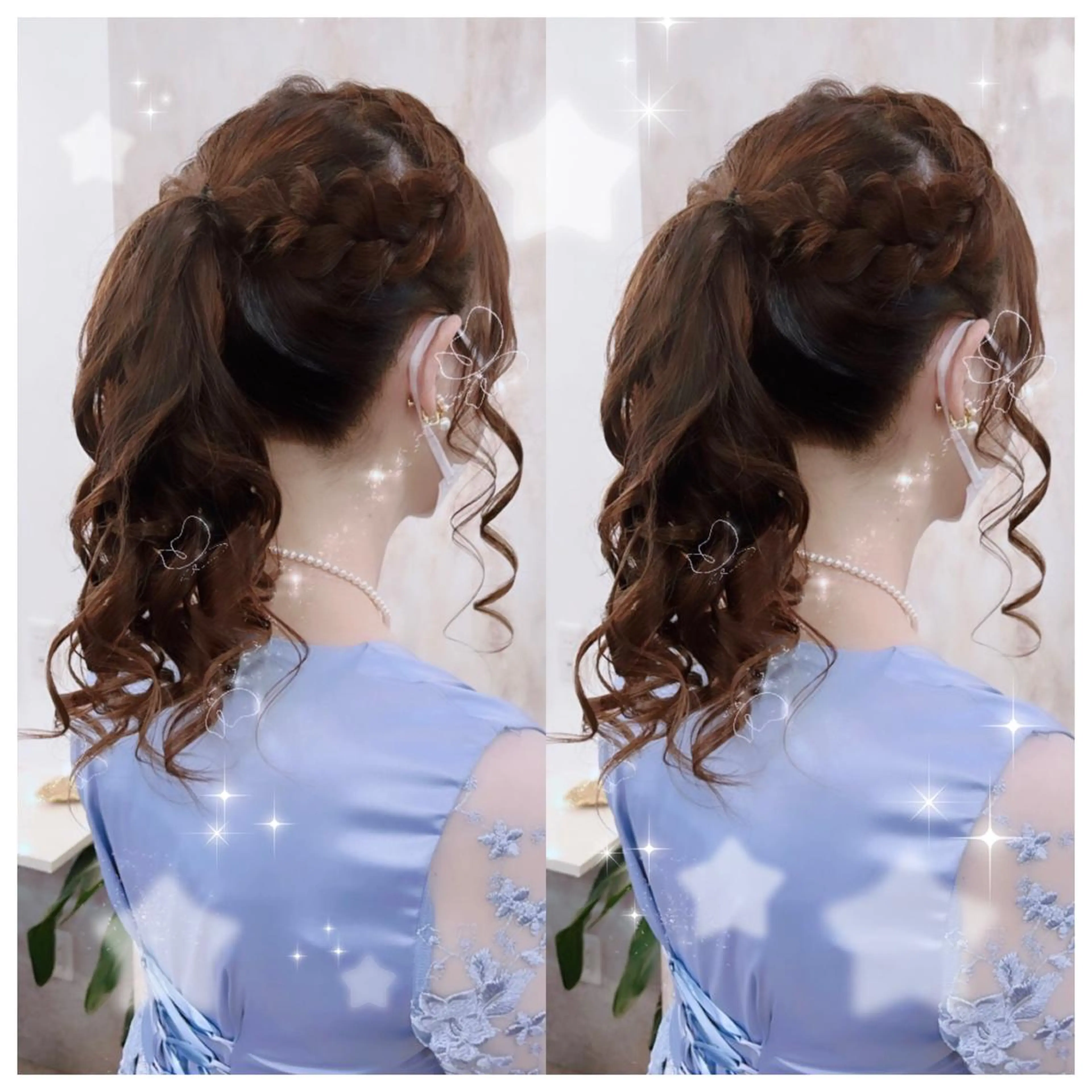 ミディアム カラー ヘアアレンジ ポニーテール 結婚式・ブライダル シールエクステ バレイヤージュ 黒髪 セキグチ💞 lilaのマツエク・マツパデザイン