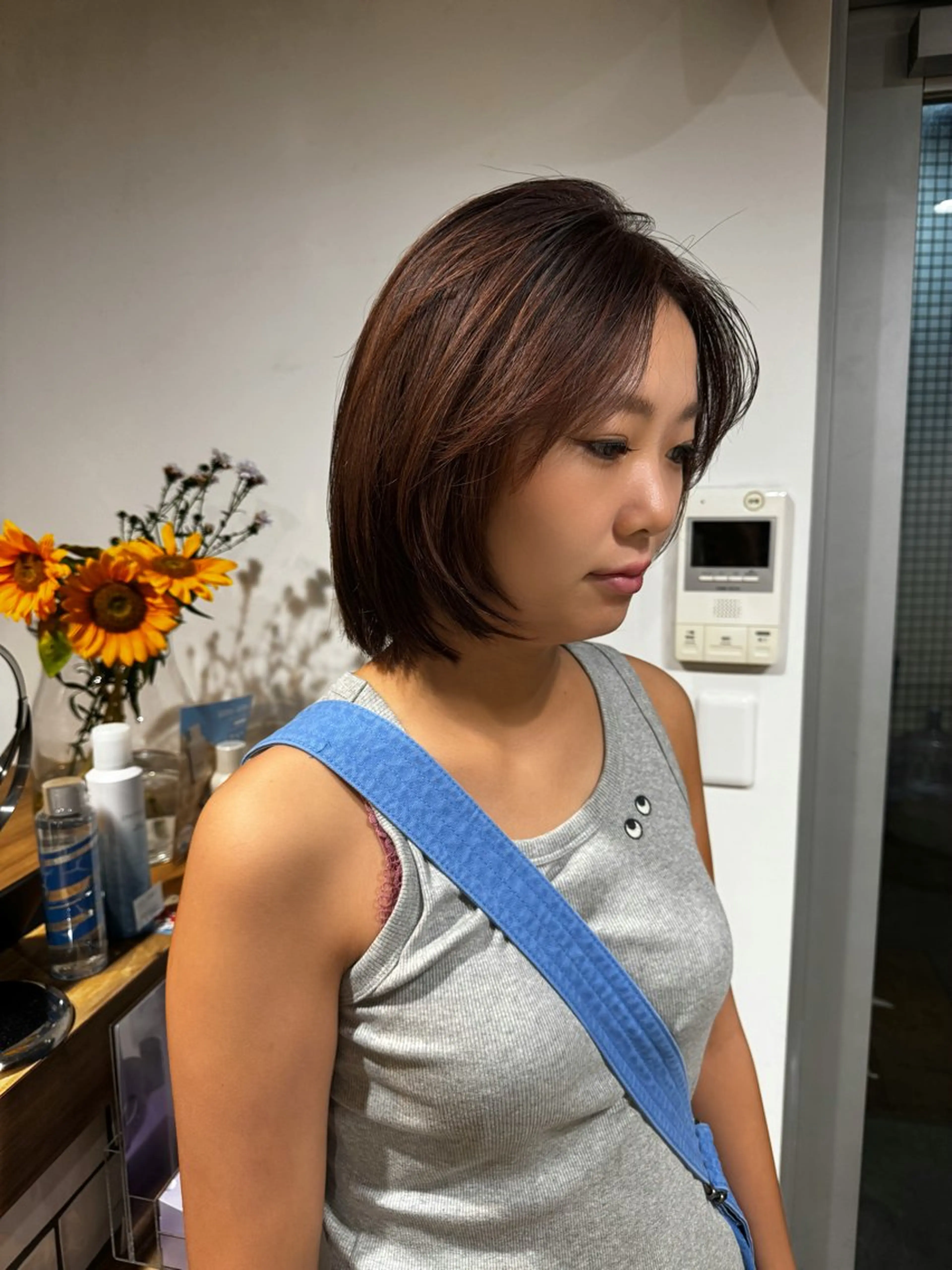 ミディアム カラー ブラウンカラー オレンジ 顔まわりレイヤー 顔周りカット レイヤーカット カット ヘアカラー 無料モデル募集/ボブ /レイヤー/Rinのヘアスタイル