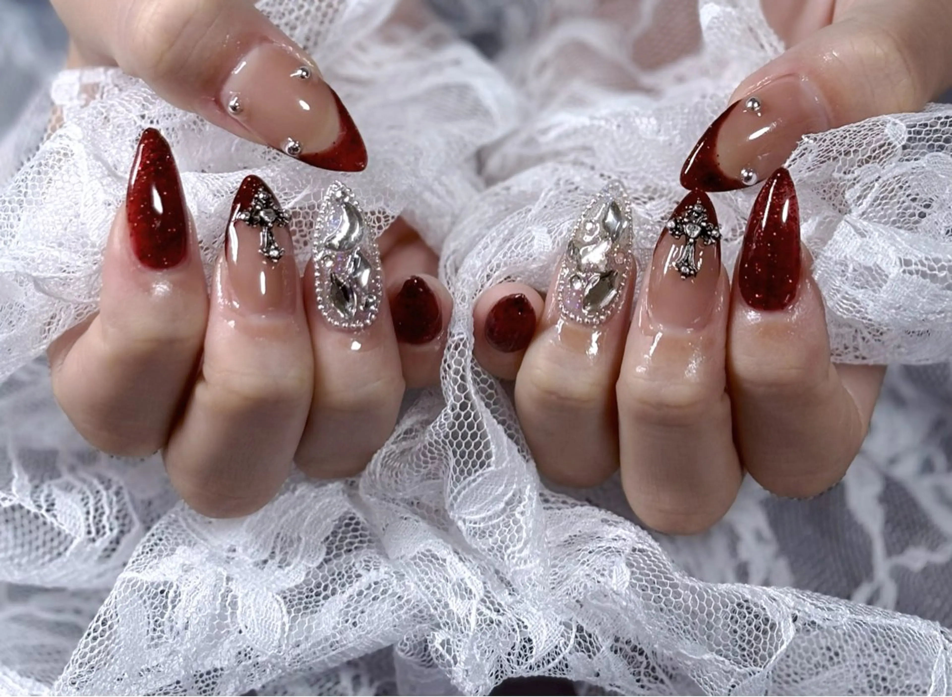 ネイル フラッシュネイル フレンチネイル 赤色 自宅サロン mArsのネイルデザイン