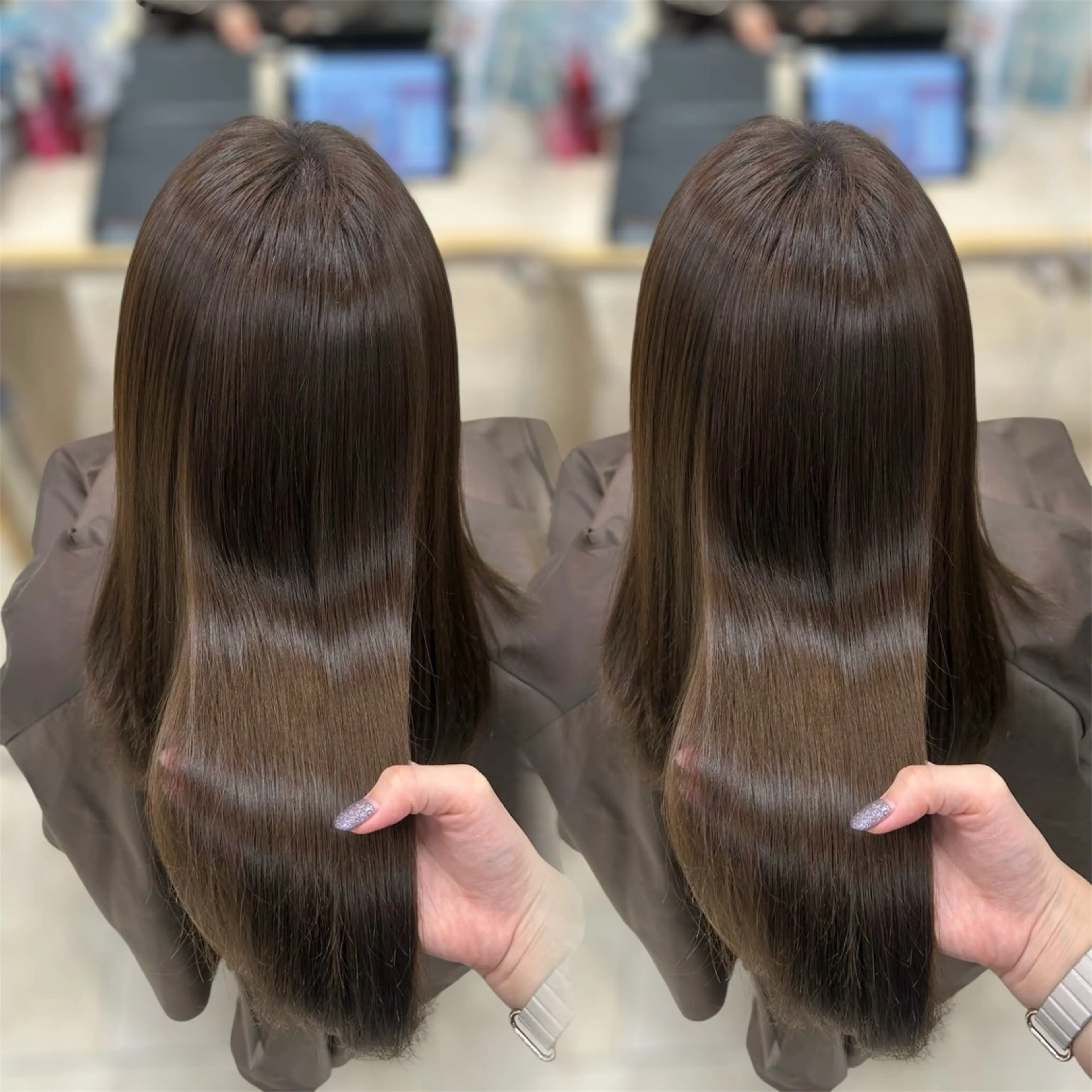 ロング カラー 縮毛矯正 ヘアカラー ベージュ/つや髪/ レイヤー／ゆいなのヘアスタイル