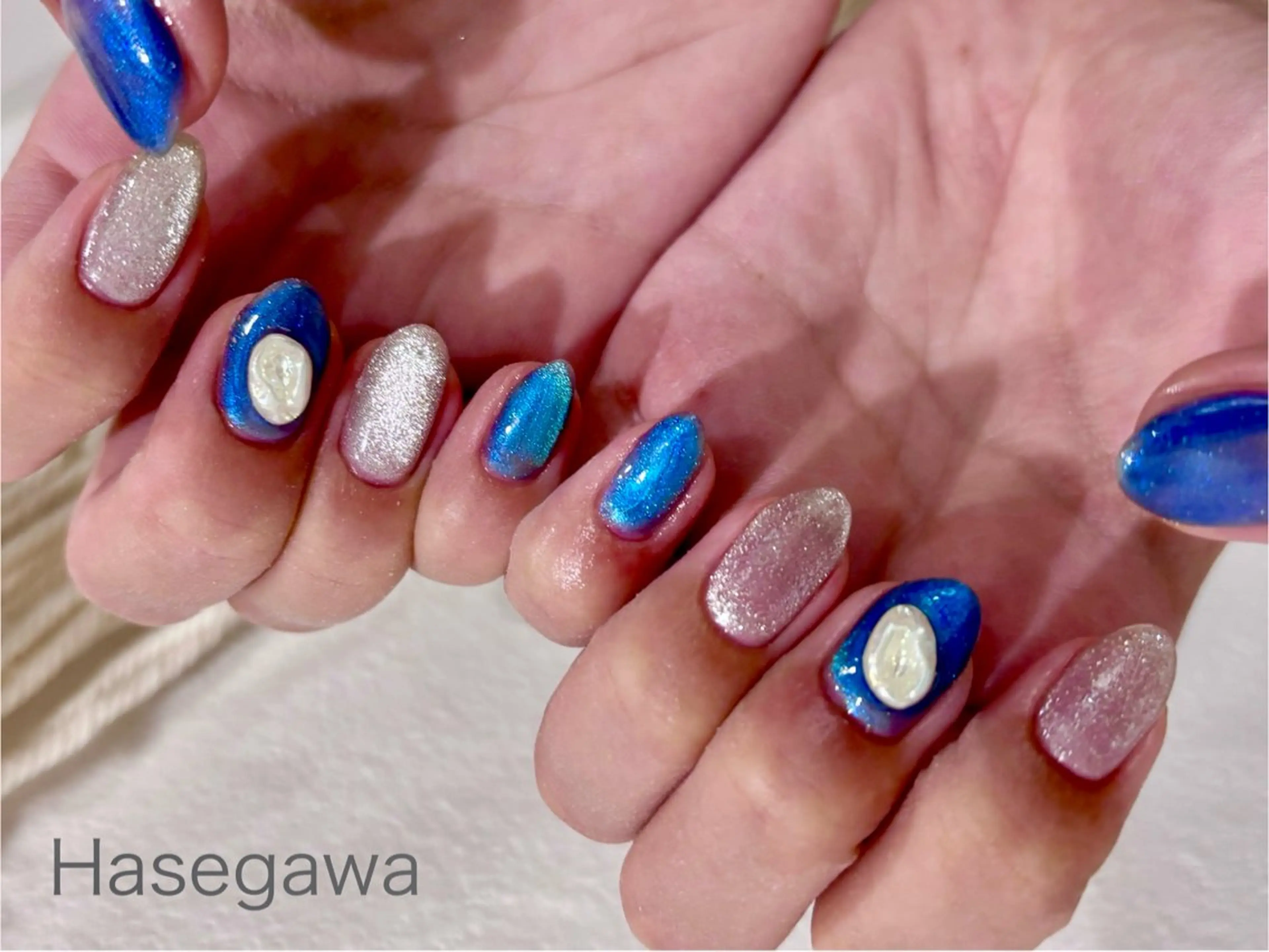 ネイル ブルー シルバー ハンドネイル DROP 長谷川のネイルデザイン
