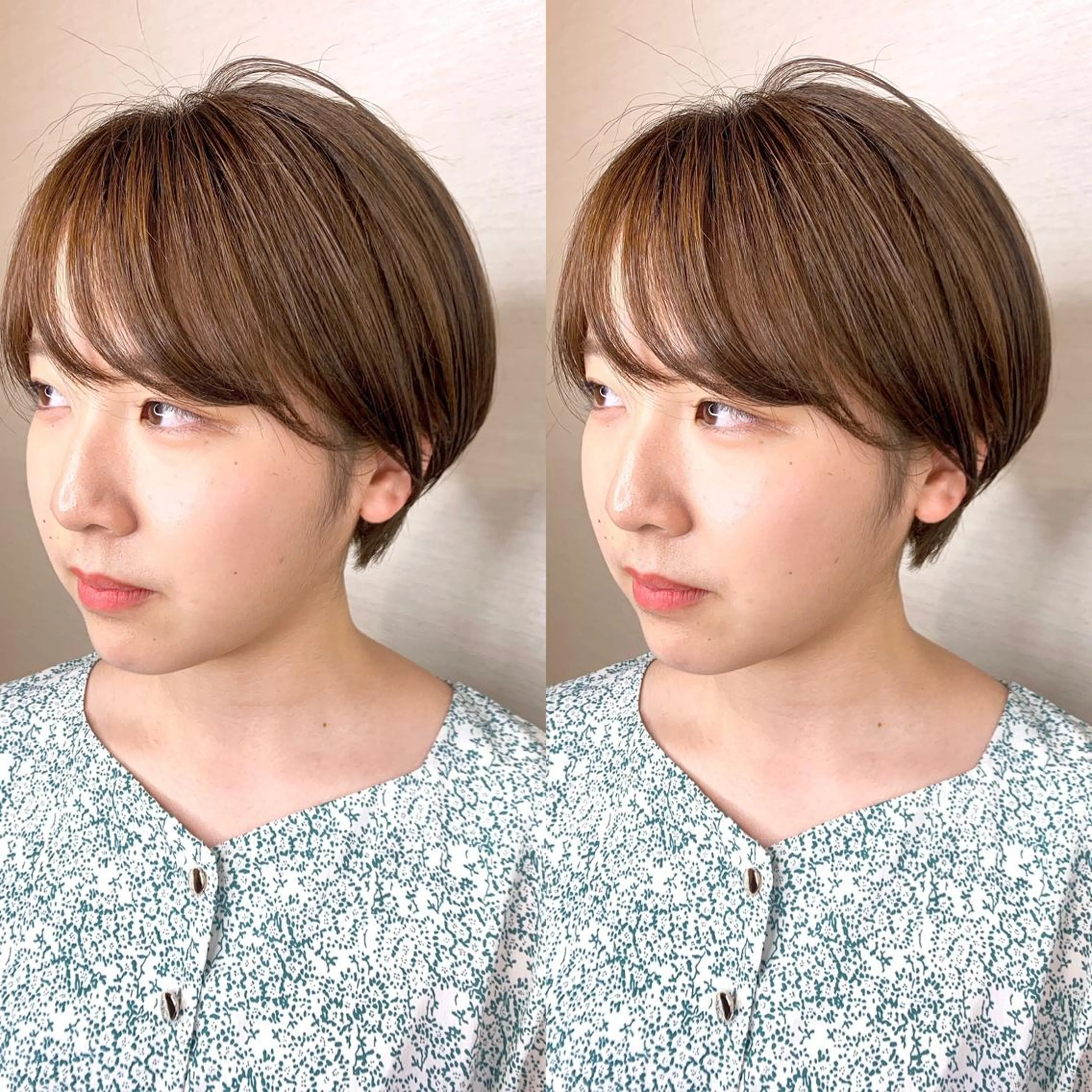 ショート カラー ベージュカラー オリーブベージュ ショートヘア 韓国レイヤーカット/ ダブルカラーのヘアスタイル