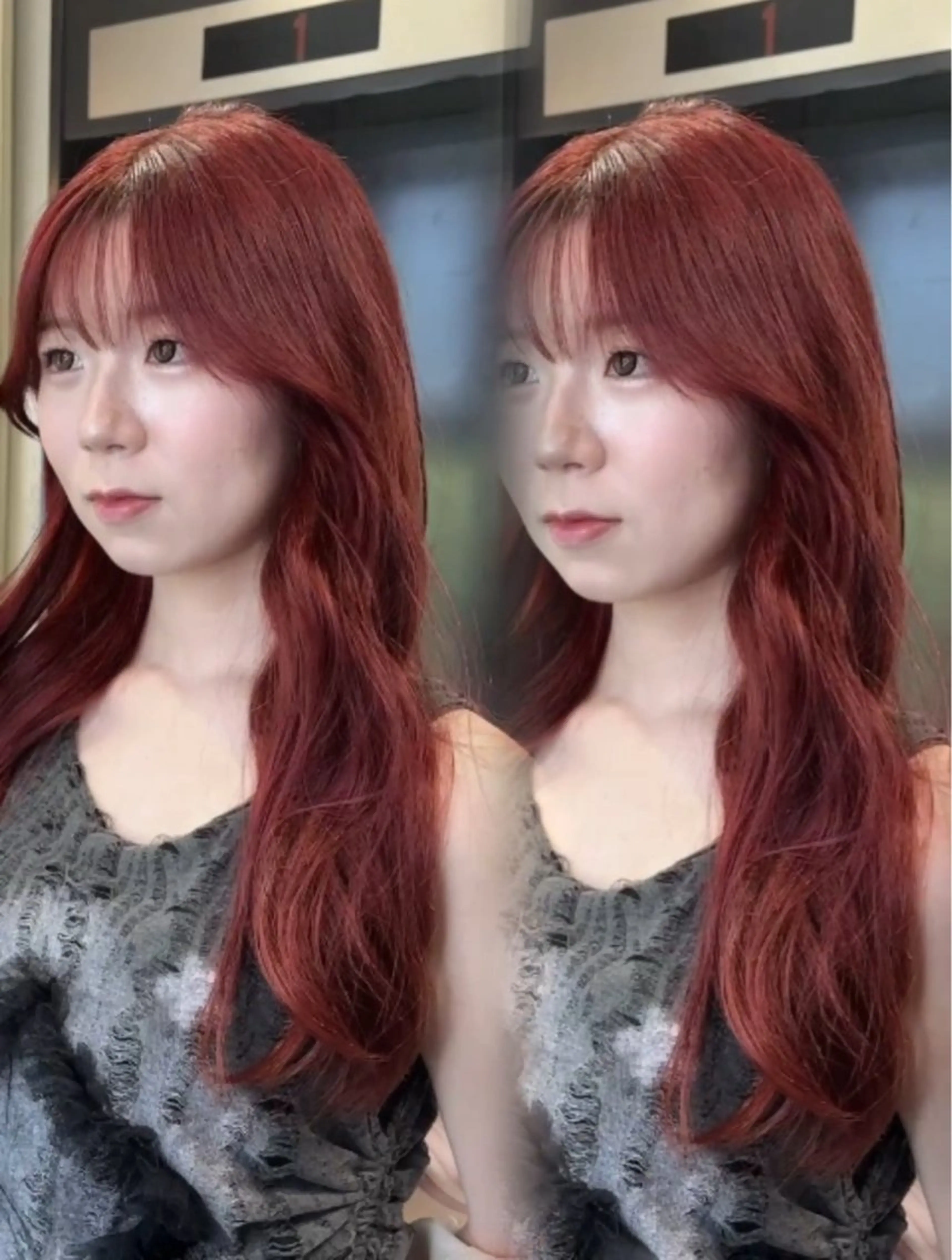 ロング ヘアカラー トリートメント 韓国ヘア/ブリーチ無 しWカラー/オリーブのヘアスタイル