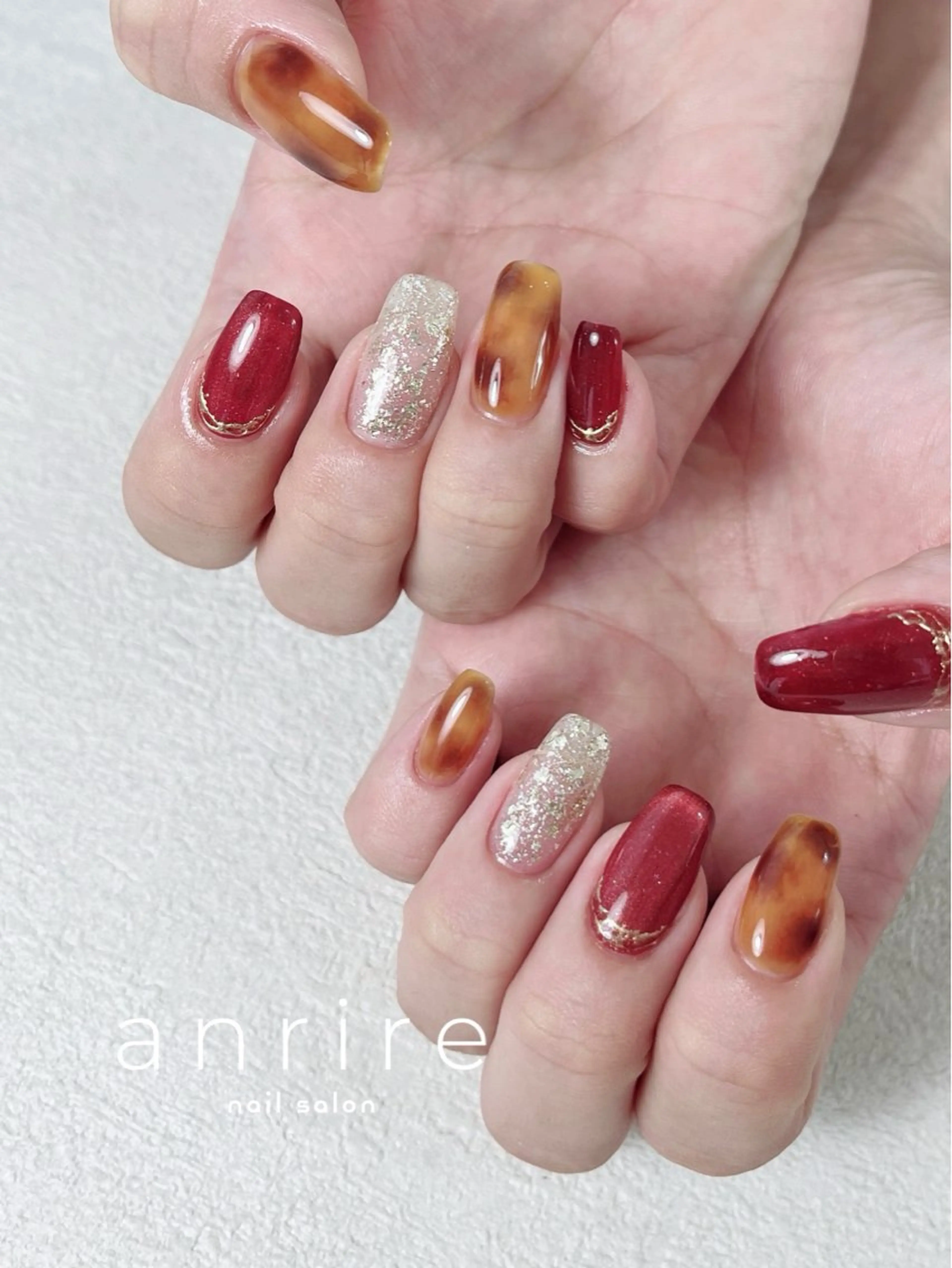 ネイル べっ甲ネイル ボルドー ブラウン ジェルネイル ゴールド ハンドネイル nail salon anrire〜アンリール〜所属・nailsalon anrireのネイルデザイン