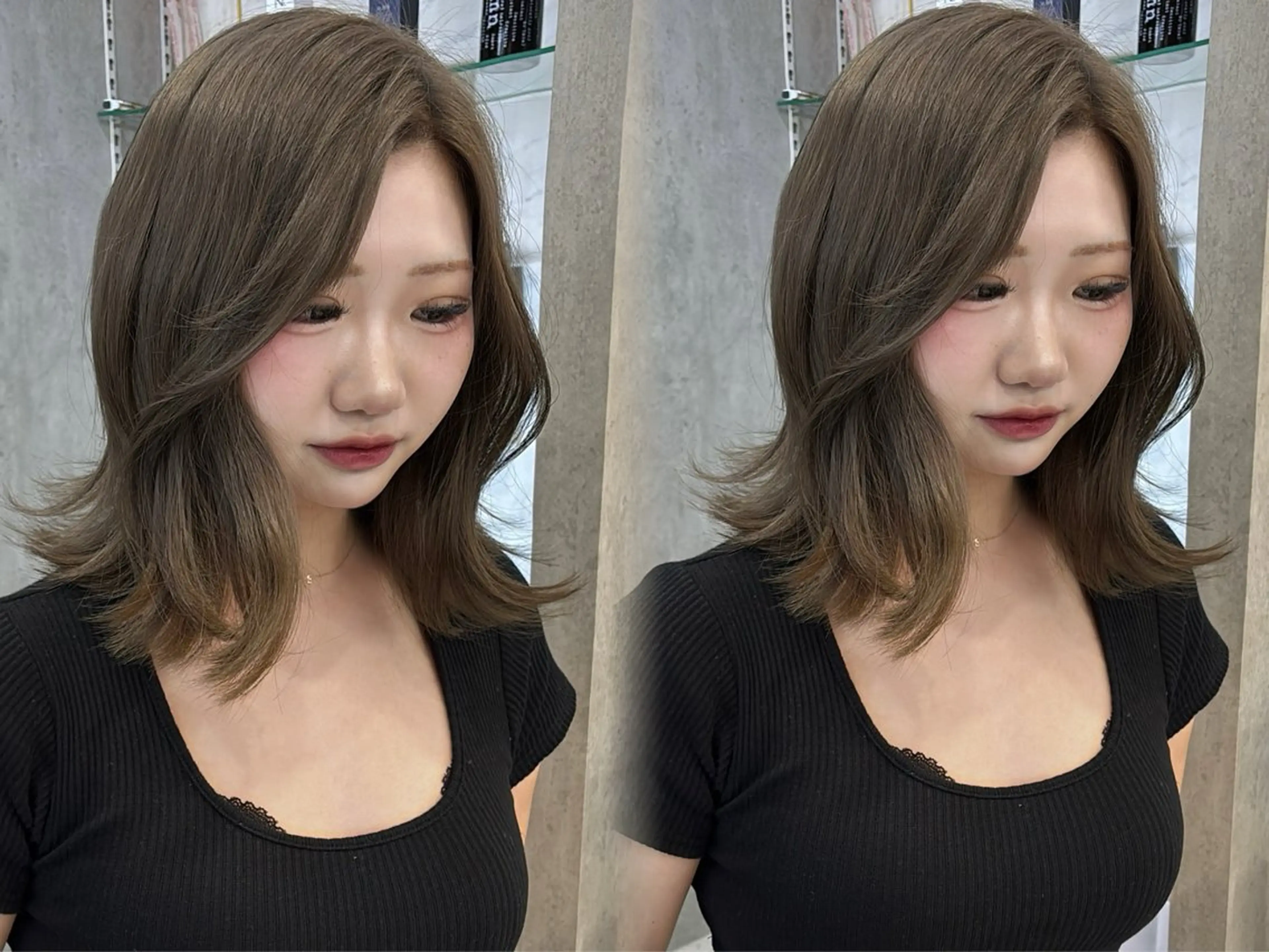 ミディアム ヘアカラー トリートメント ヘアセット 韓国ヘア/ブリーチ無 しWカラー/オリーブのヘアスタイル