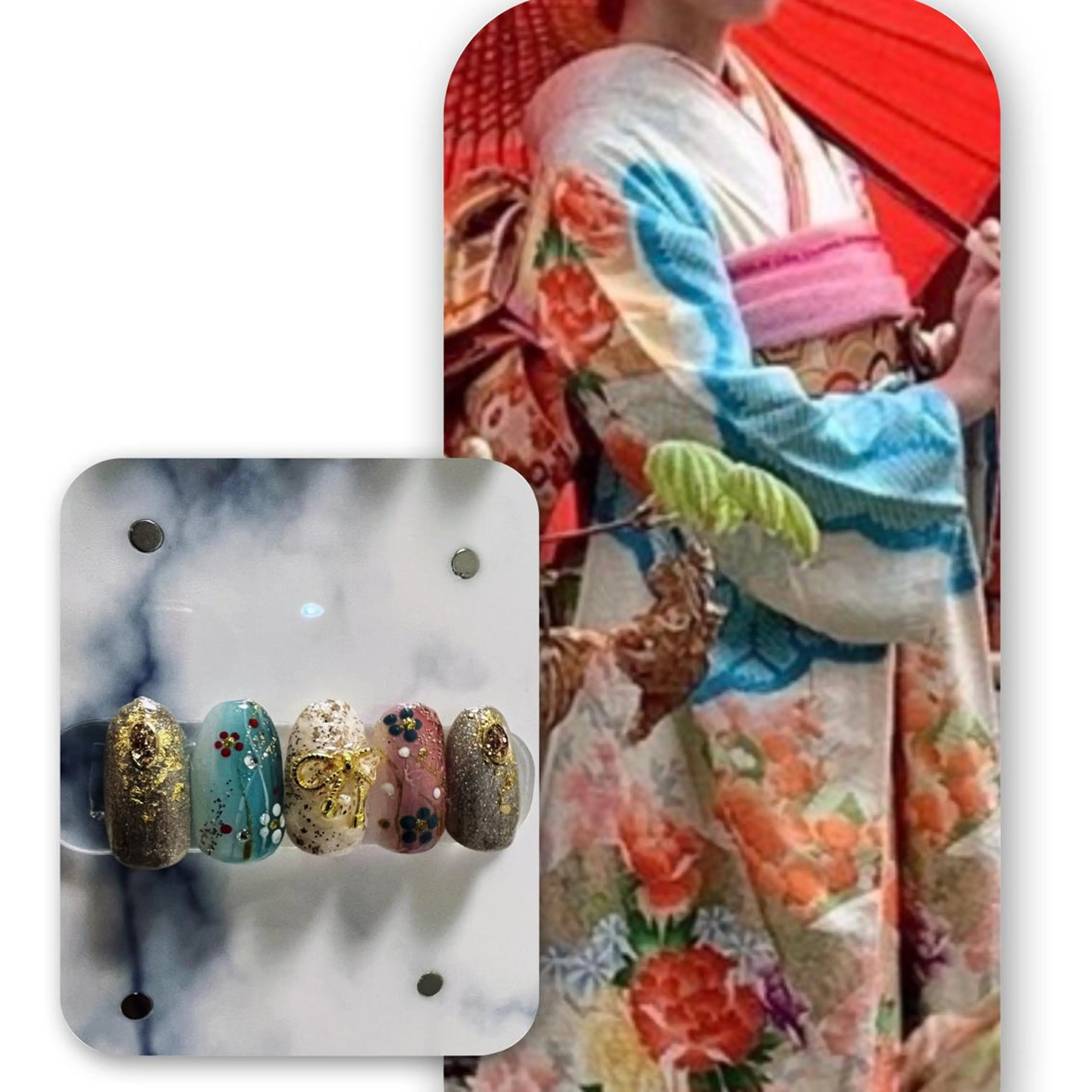 和装デザインネイル(ご予約時にお着物の写真を送っていただければ、お着物に合わせたデザインを作成します)の写真