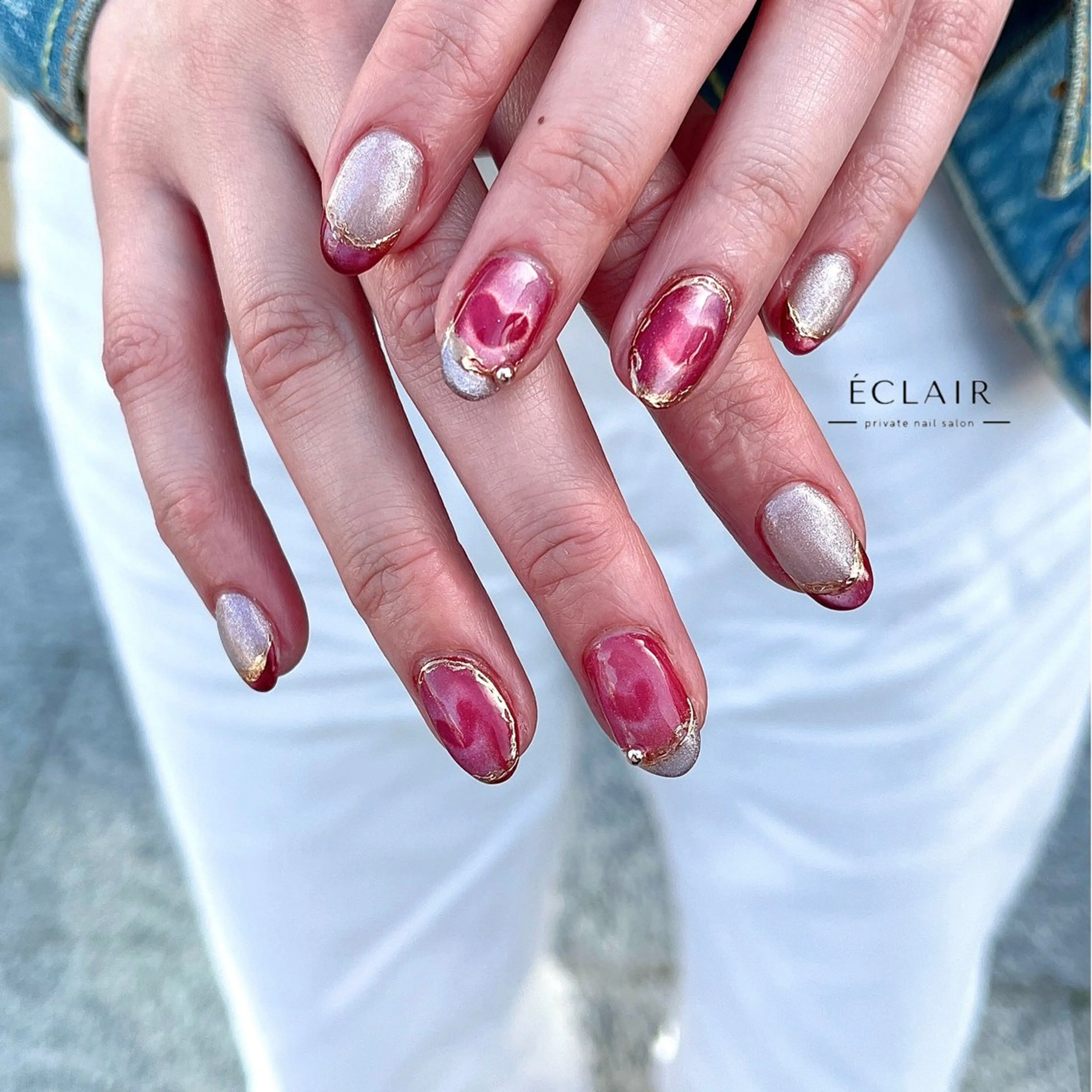 ネイル フレンチネイル ハート マグネットネイル ミラーネイル ニュアンスネイル - Éclair - hitomiのネイルデザイン