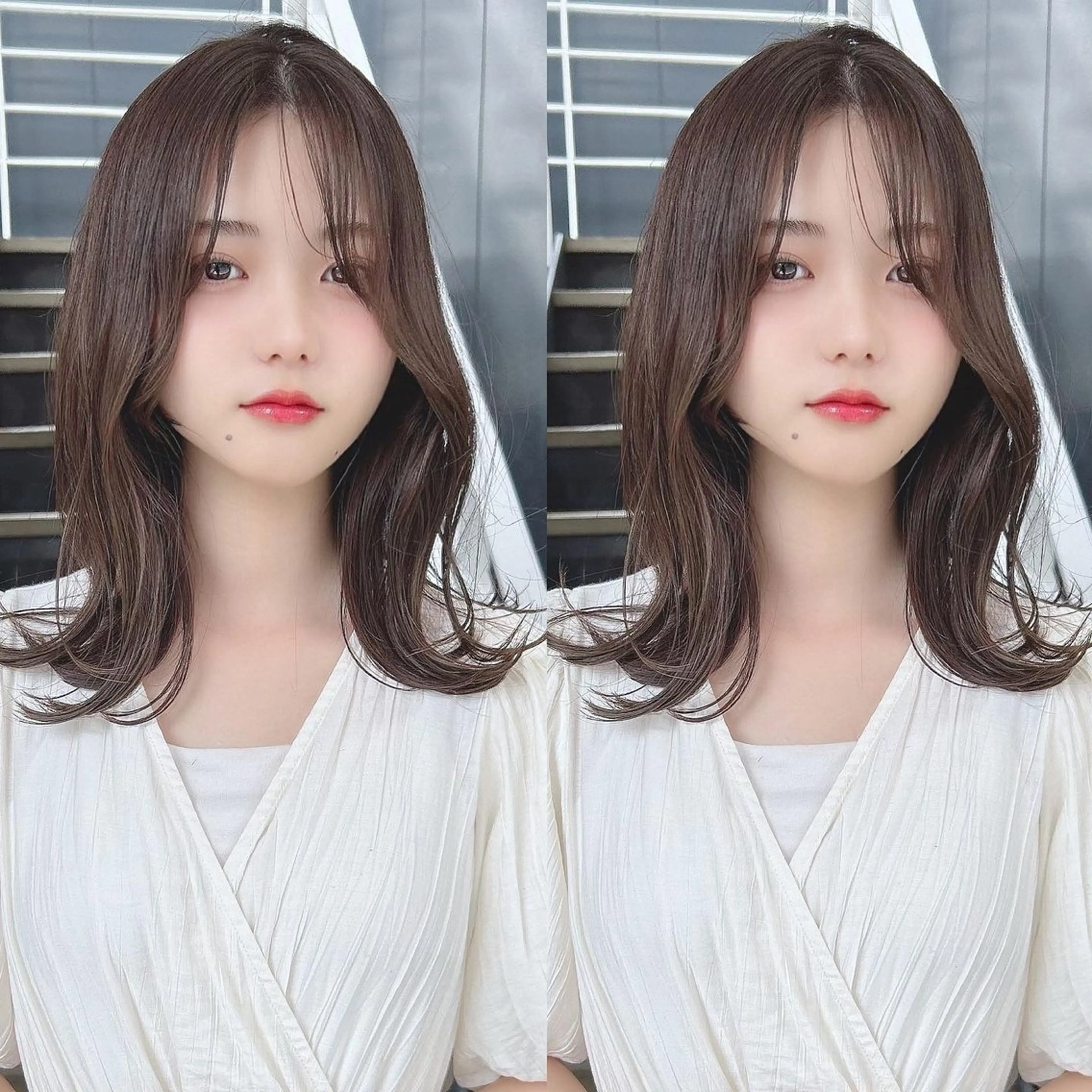 ミディアム カラー 韓国🇰🇷レイヤー カットオリーブカラーのヘアスタイル