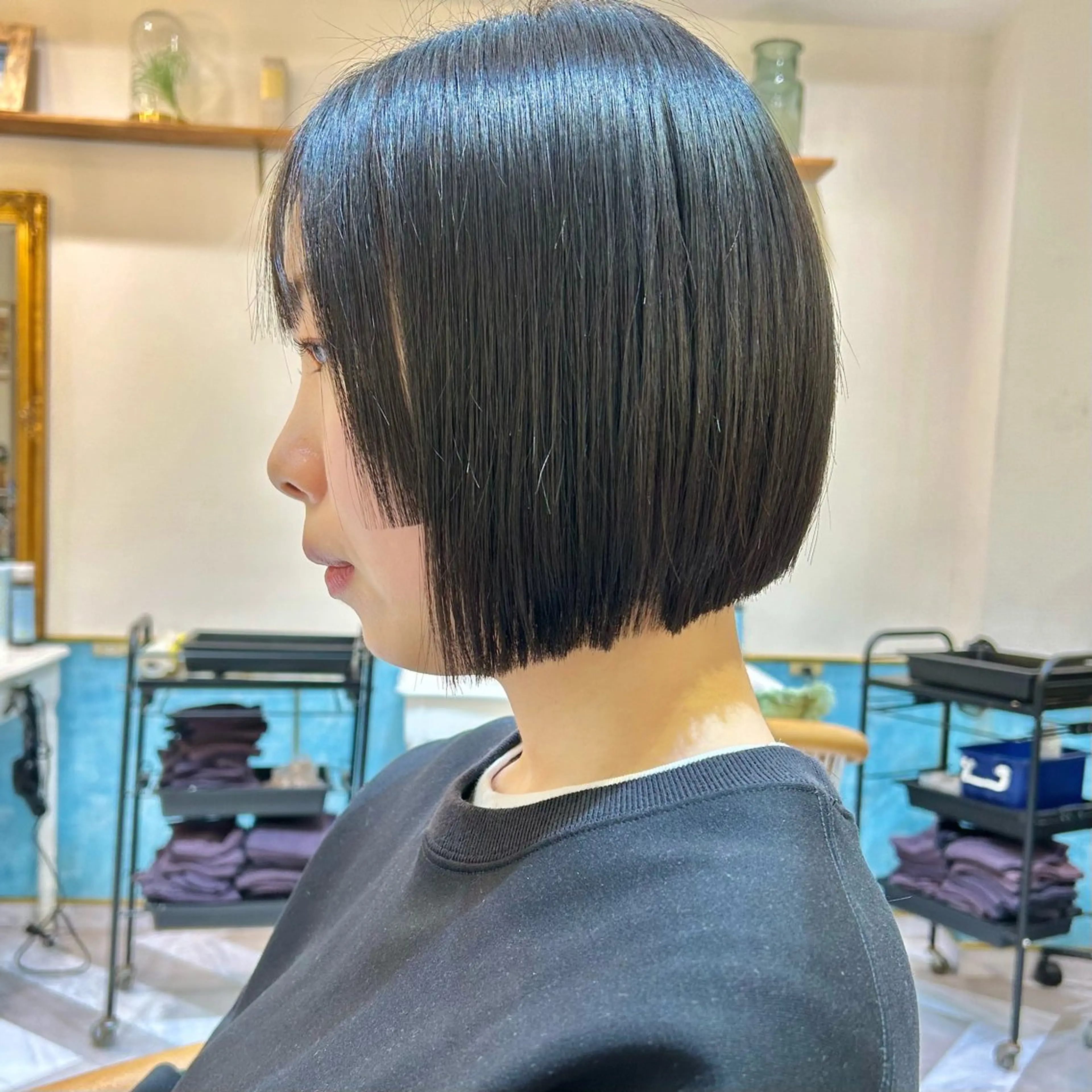 ミディアム ワンレンボブ ボブ 顔周りカット 髪質改善 縮毛矯正 カット 縮毛矯正 トリートメント 髪質改善【縮毛矯正】 北千住 田邉 澪のヘアスタイル