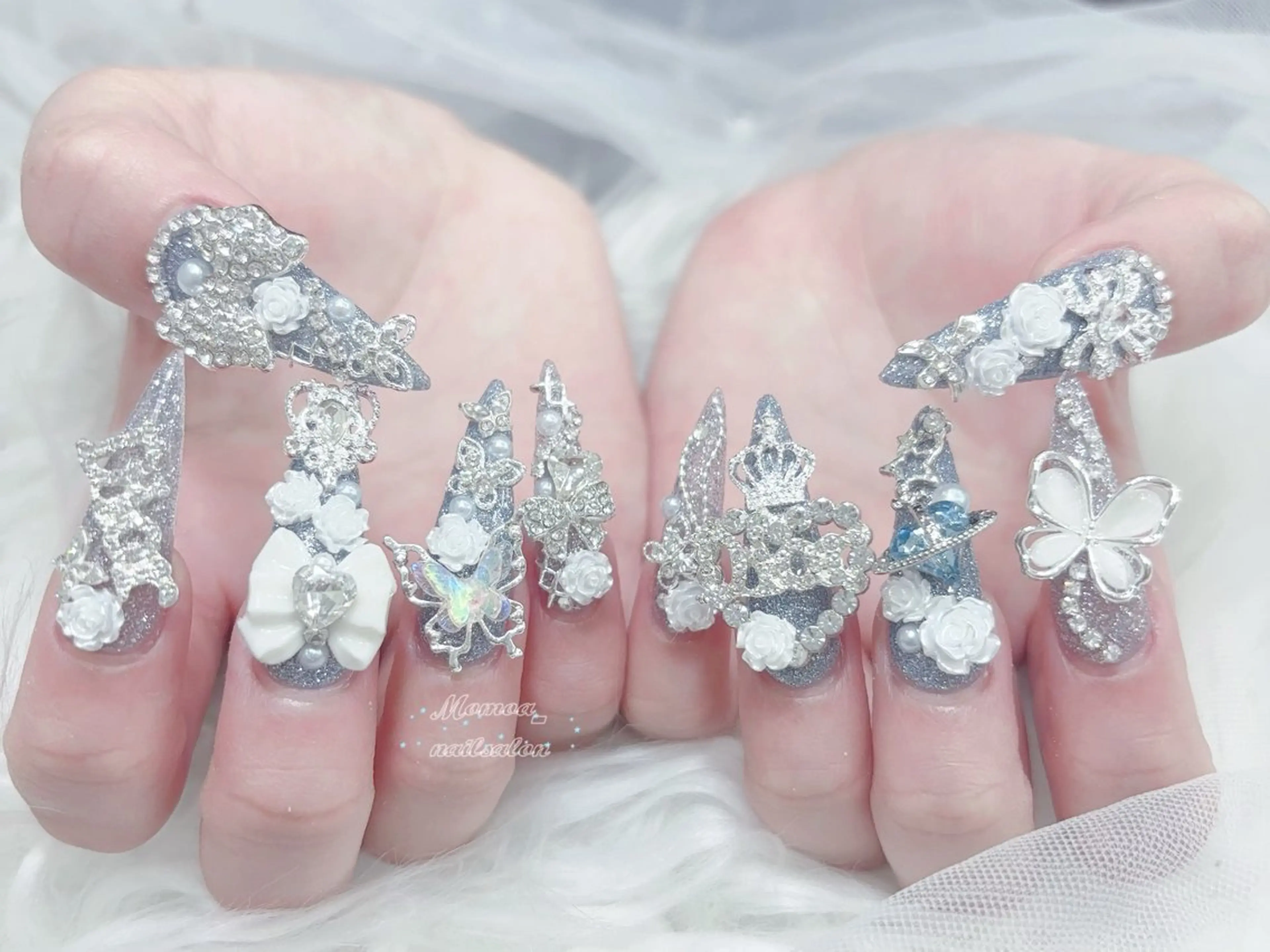 ネイル 成人式 マグネットネイル 大理石ネイル(マーブル) リボン 夏ネイル ハンドネイル MoMoA Nail ネイル長さ出し専門店のネイルデザイン