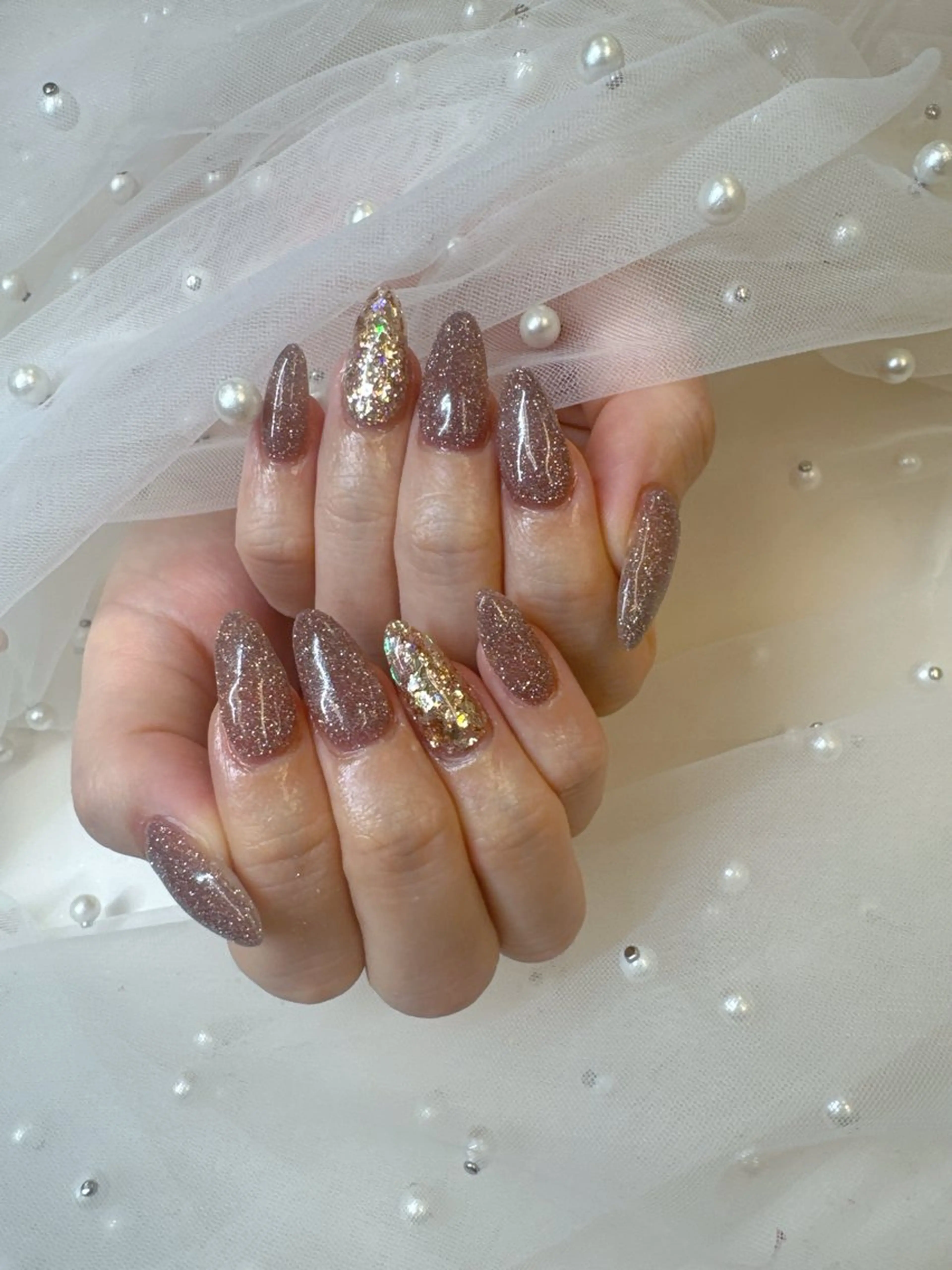ネイル フレンチネイル ジェルネイル ガラスフレンチ キラキラネイル ロングネイル ハンドネイル Queeens nailのネイルデザイン
