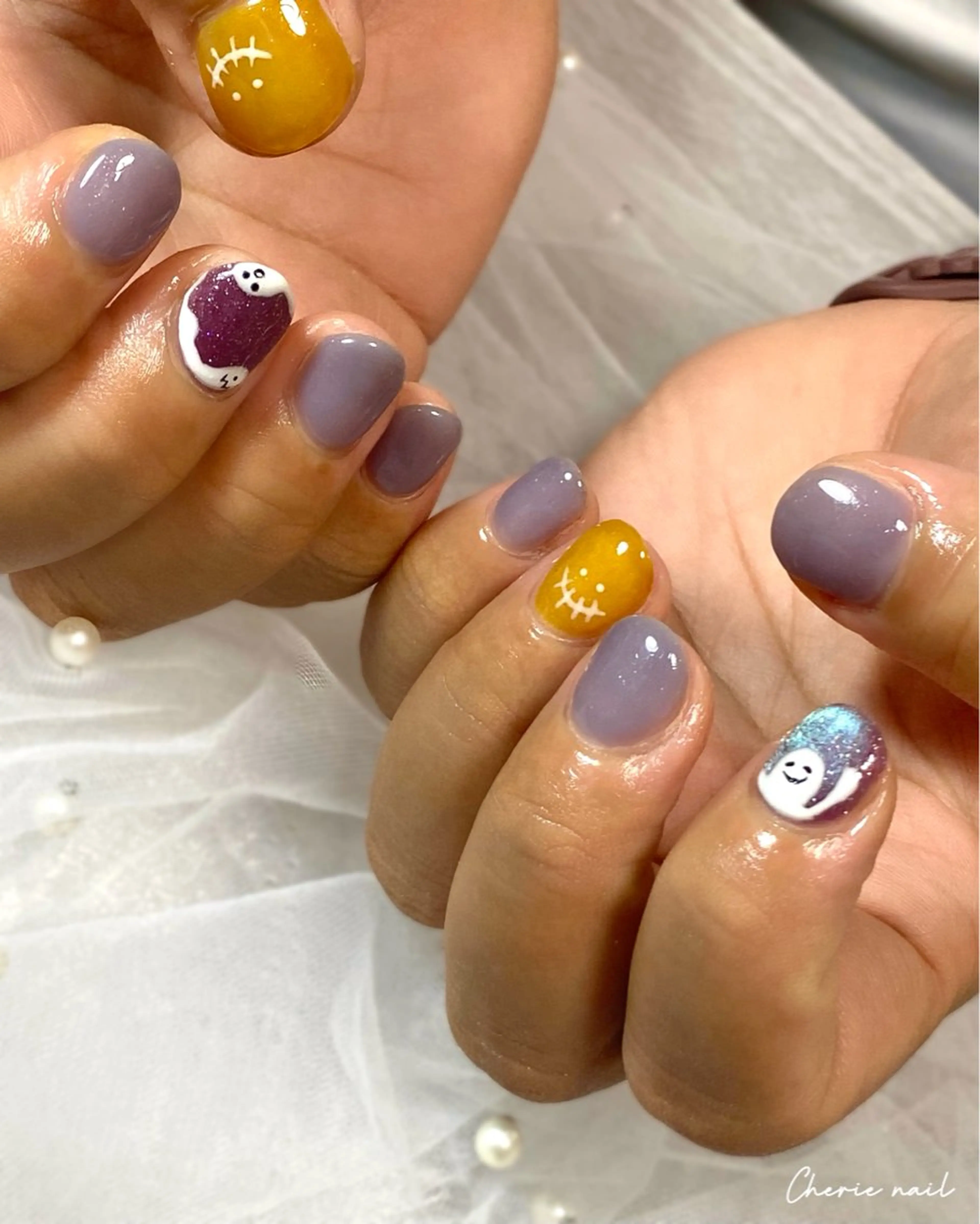 ネイル ジェルネイル ハロウィン マグネットネイル パープル ハンドネイル Cherienail yunaのネイルデザイン