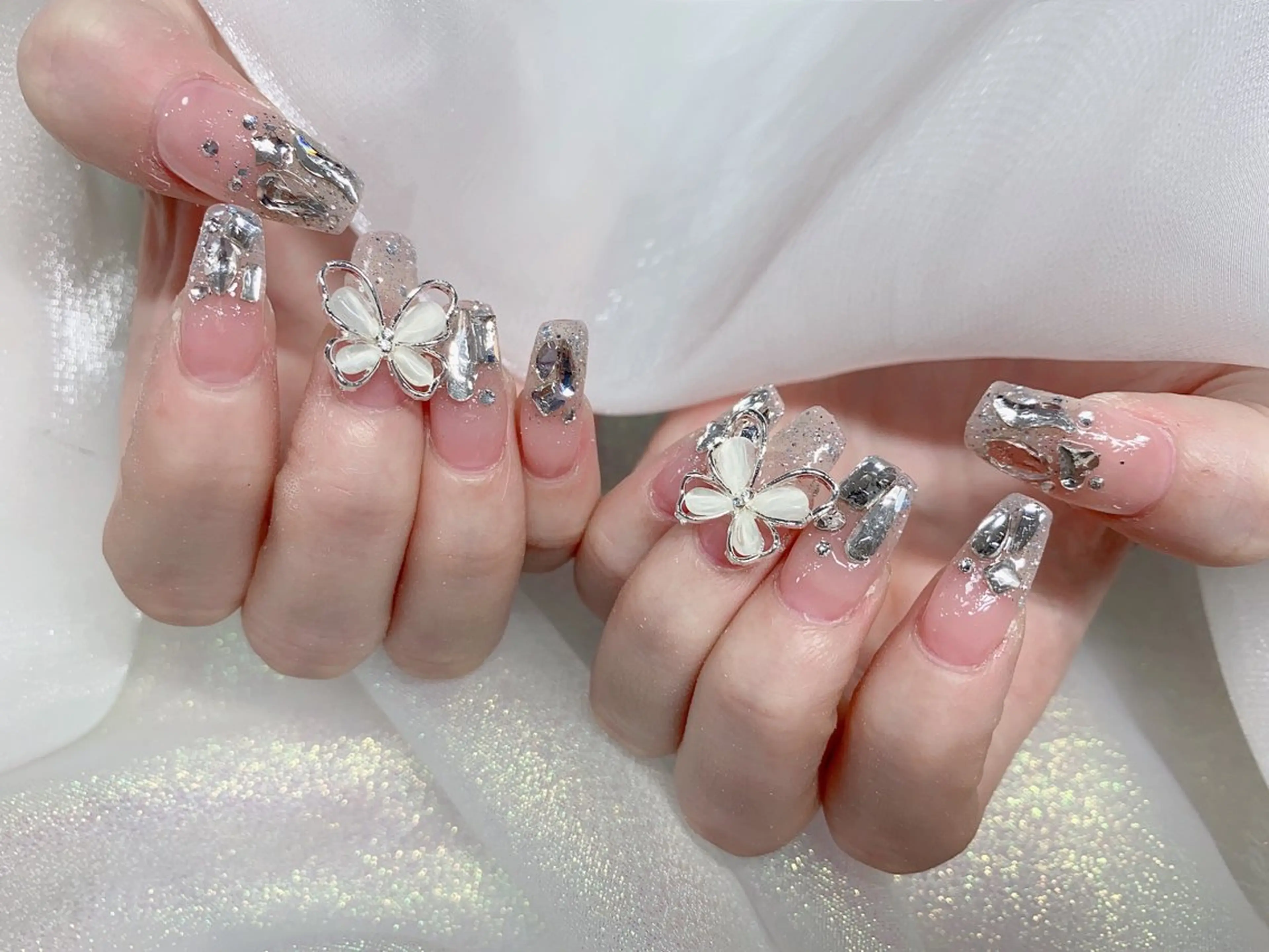 ネイル 長さ出し ジェルネイル キラキラネイル 大理石ネイル(マーブル) ニュアンスネイル Morpho nailのネイルデザイン
