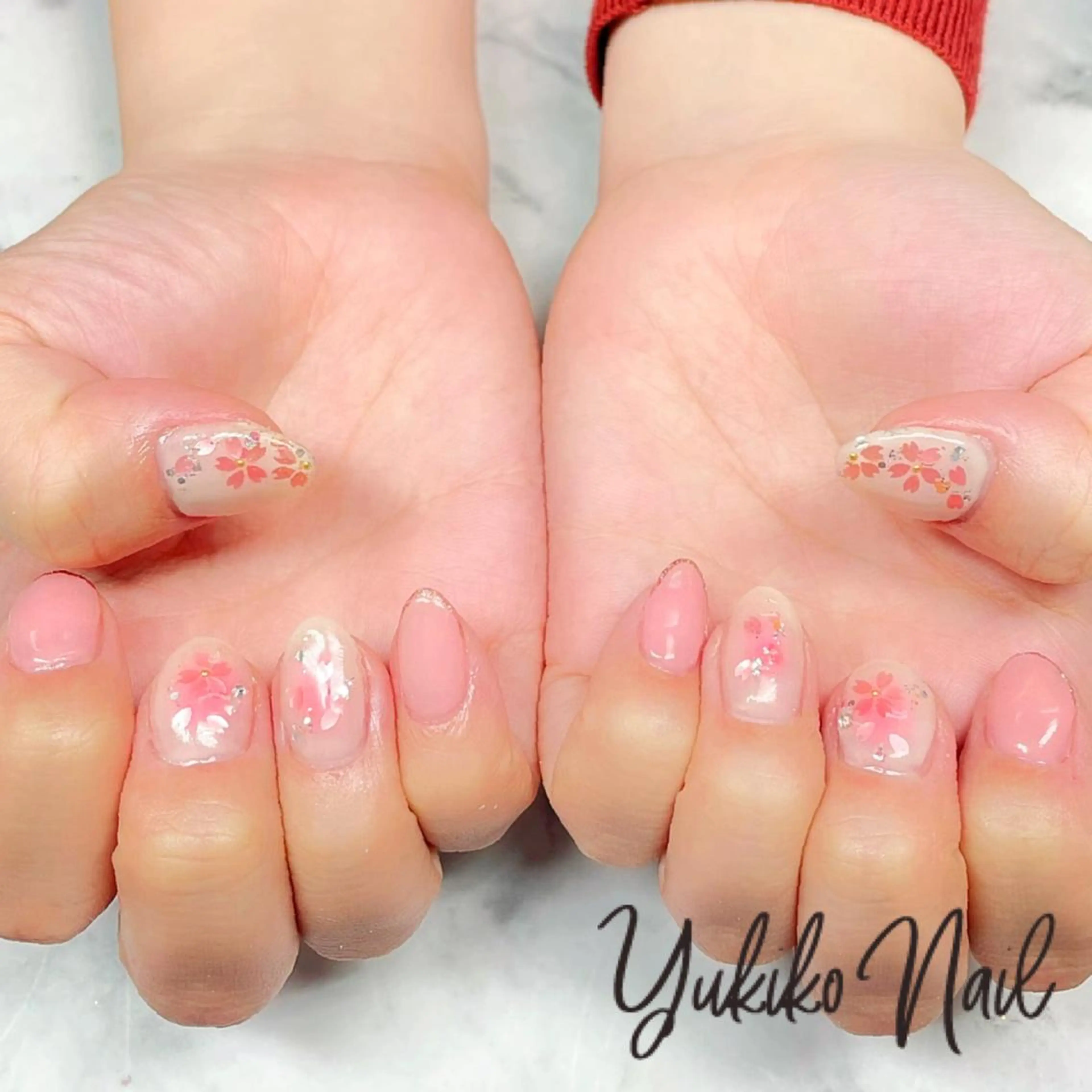 ネイル チークネイル 桜ネイル フットネイル グリーン ワンカラーネイル ハンドネイル ユキコ ネイルのネイルデザイン