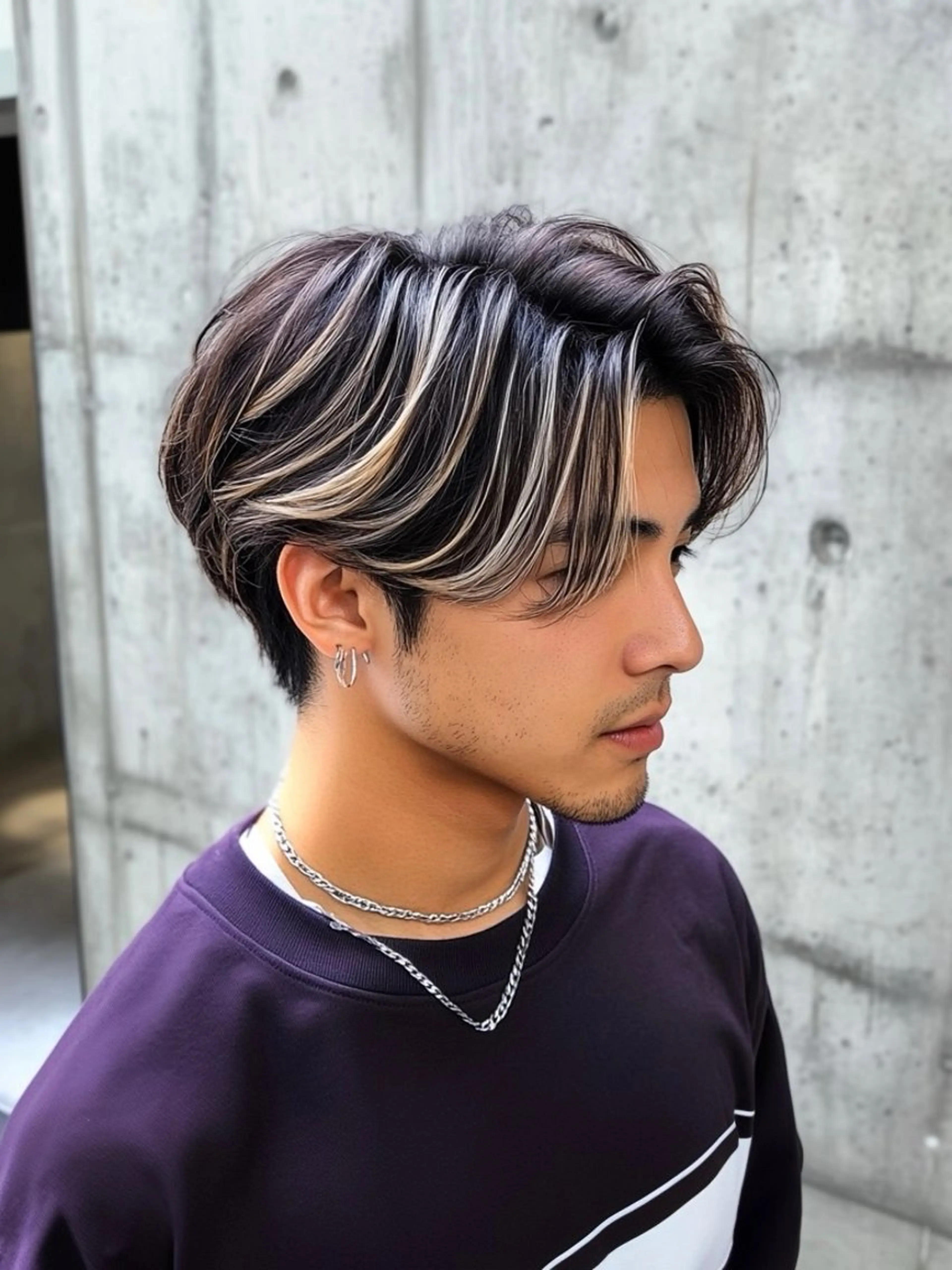 ミディアム パーマ メンズ メンズハイトーン メンズバレイヤージュのヘアスタイル