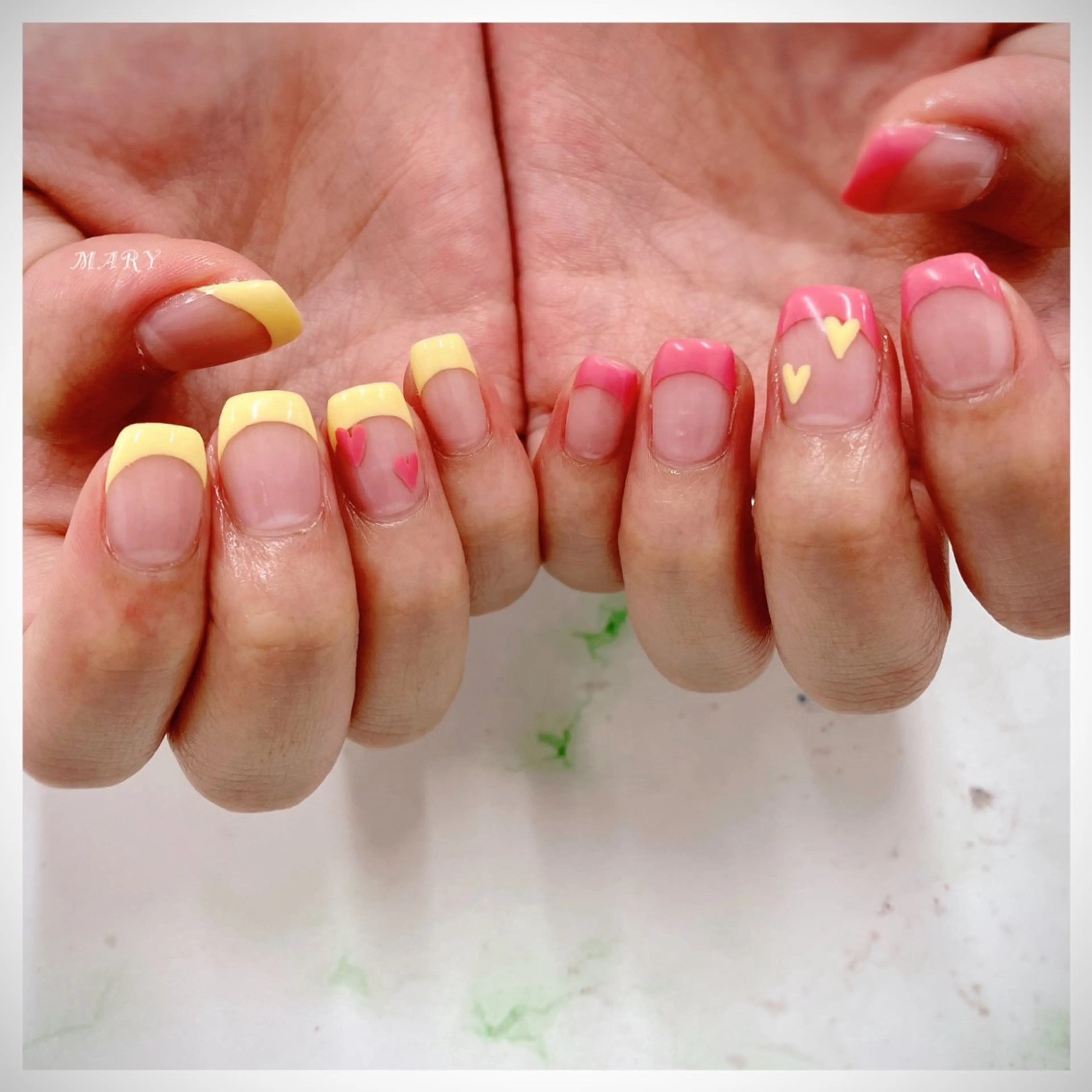 ネイル フレンチネイル ハート ニュアンスネイル ピンク スクエアネイル ハンドネイル Mary nail .narumiのネイルデザイン