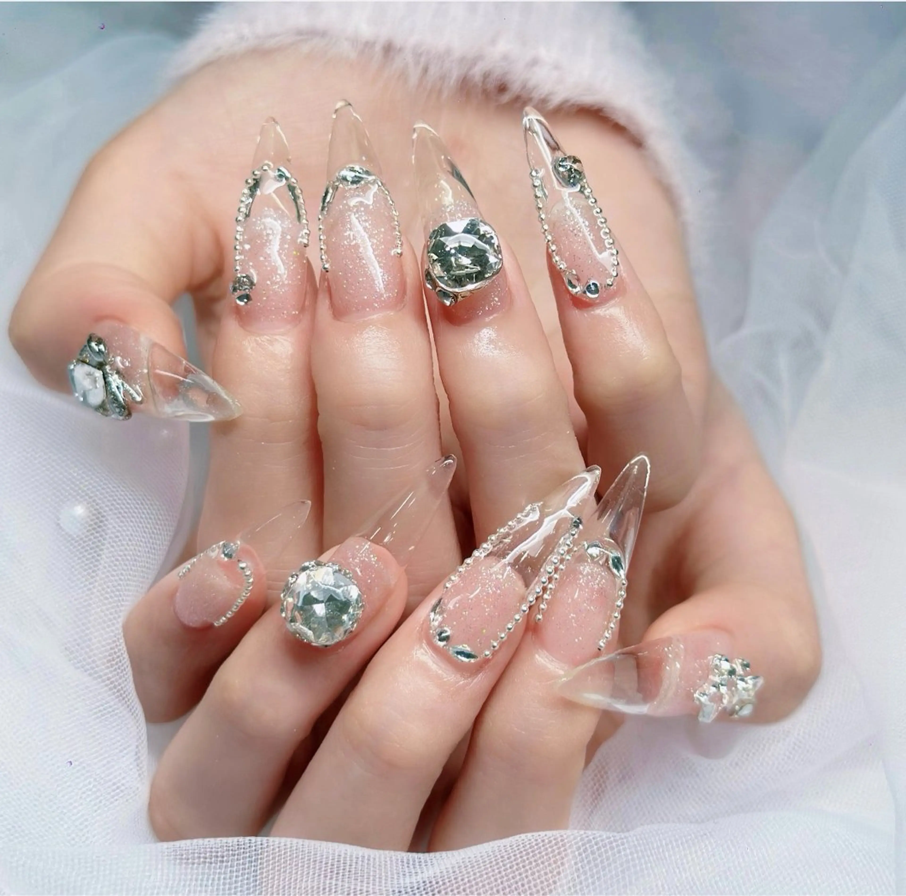 ネイル 長さ出し フレンチネイル 韓国ネイル レース マグネットネイル ハンドネイル 波 なみのネイルデザイン