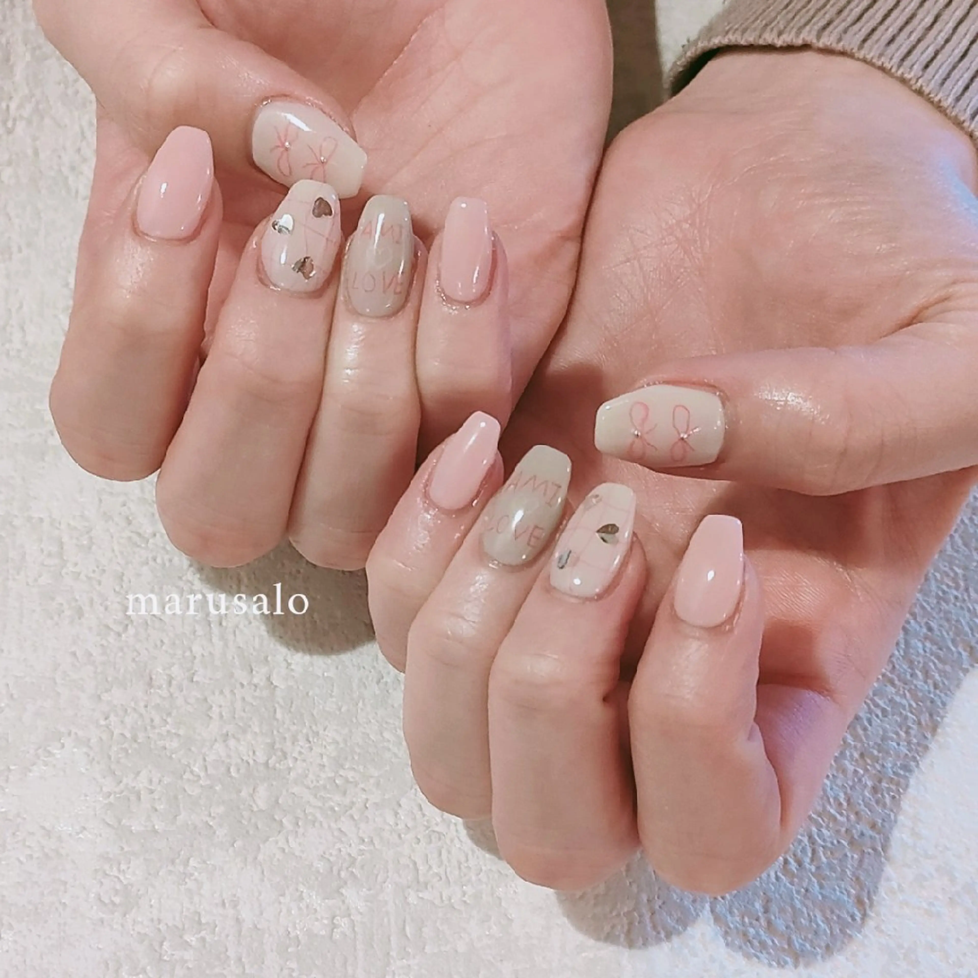ネイル ハート ピンク リボン ハンドネイル marusalo nailのネイルデザイン