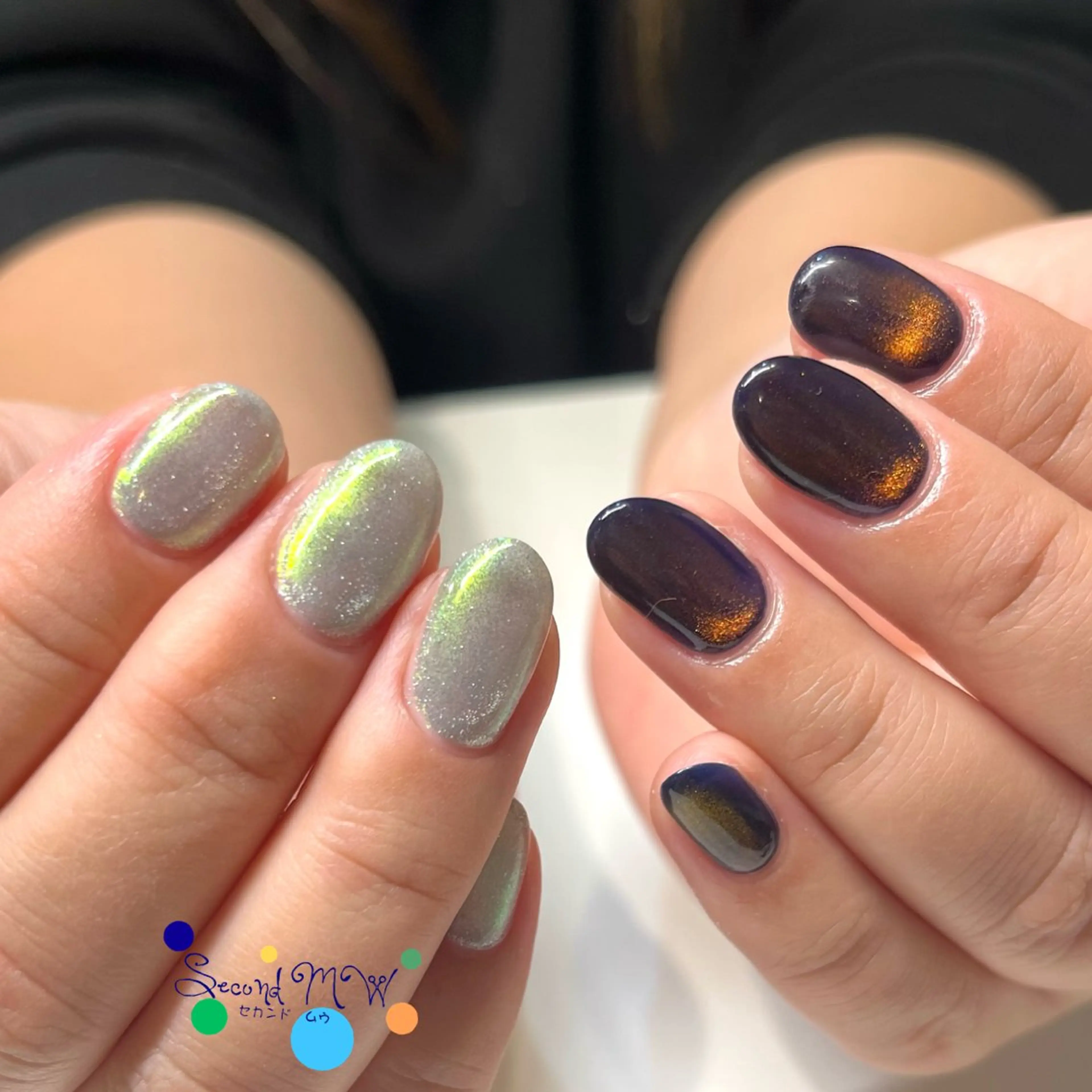 ネイル グリーン マグネットネイル ミラーネイル ミラーマグ ネイビー ハンドネイル SecondMW _nail 　川連のネイルデザイン