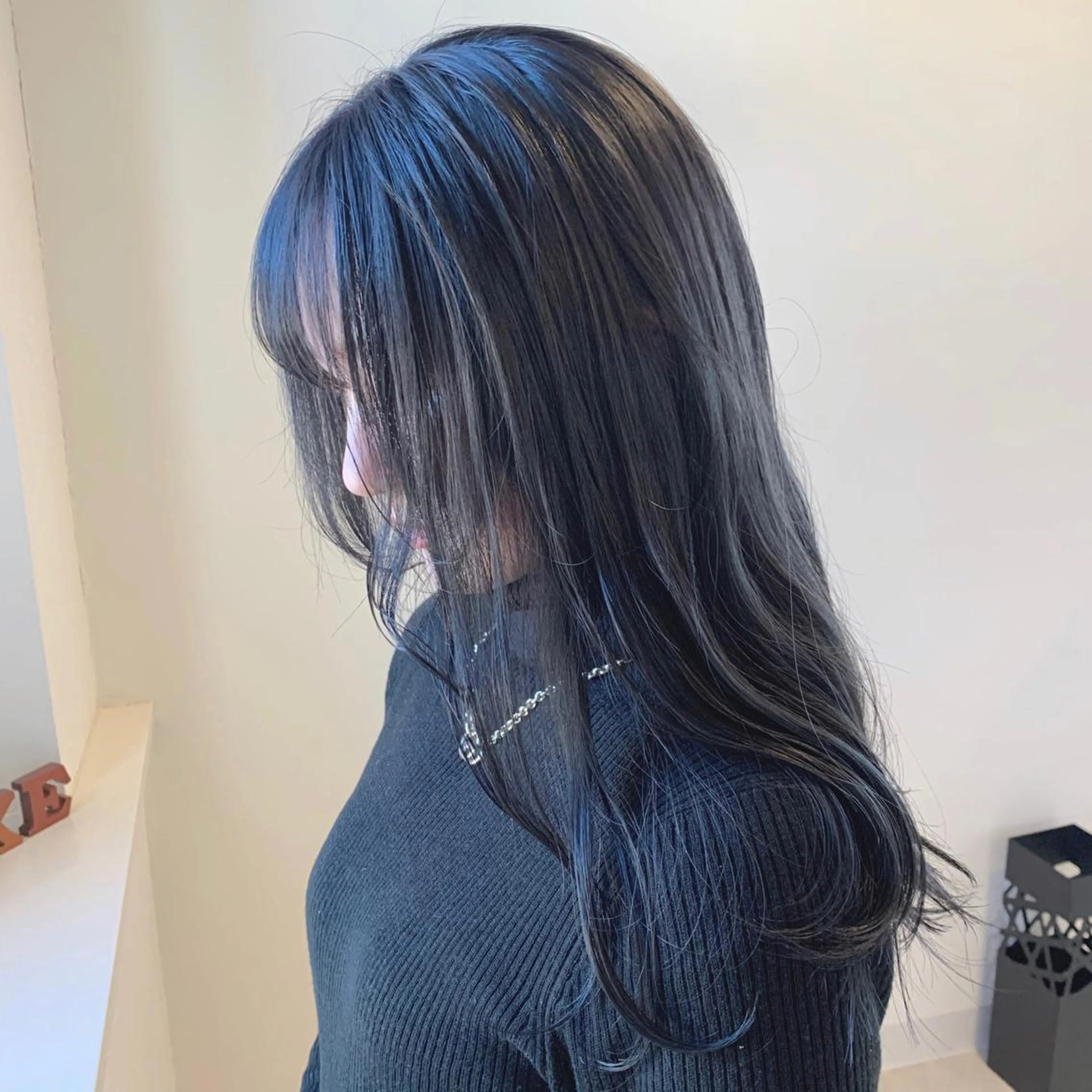 セミロング カラー 黒髪 ブリーチ ブルーカラー ブルーブラック 清水 亮太／赤み消しカラーのヘアスタイル