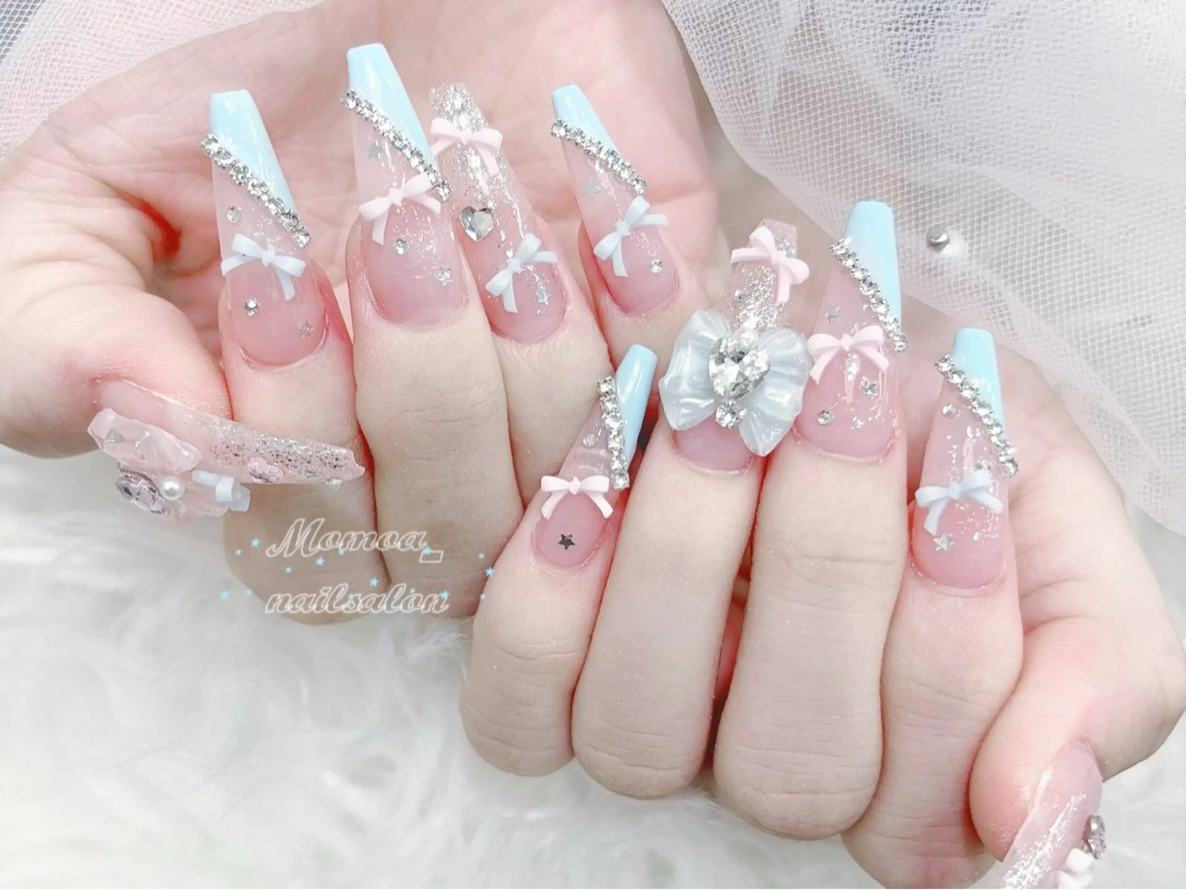 ネイル 成人式 大理石ネイル(マーブル) リボン 夏ネイル ネイルチップ ハンドネイル MoMoA Nail ネイル長さ出し専門店のネイルデザイン