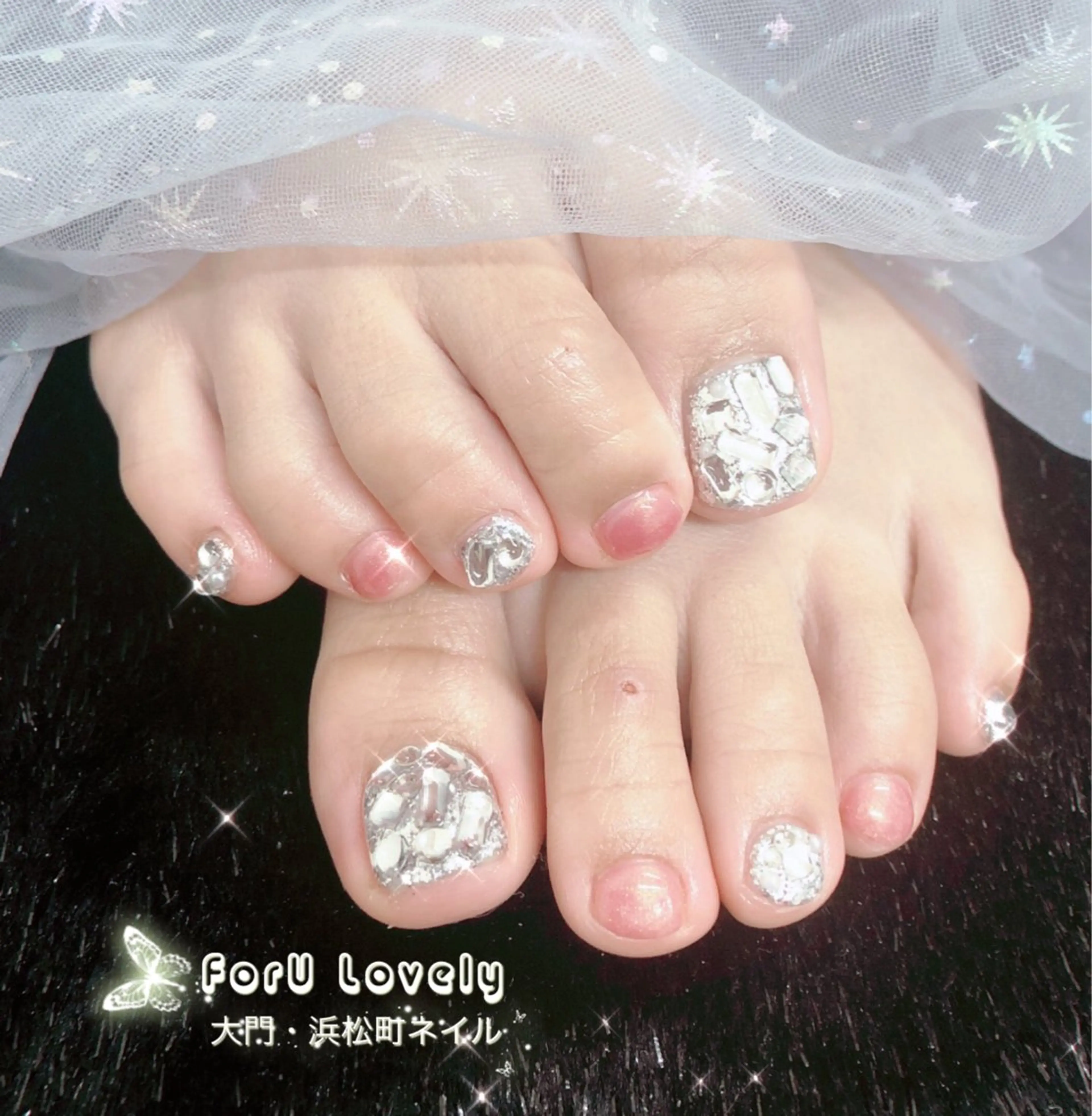 ネイル オーロラネイル フットネイル ジェルネイル ハート 韓国ネイル 大門浜松町 ネイルのネイルデザイン