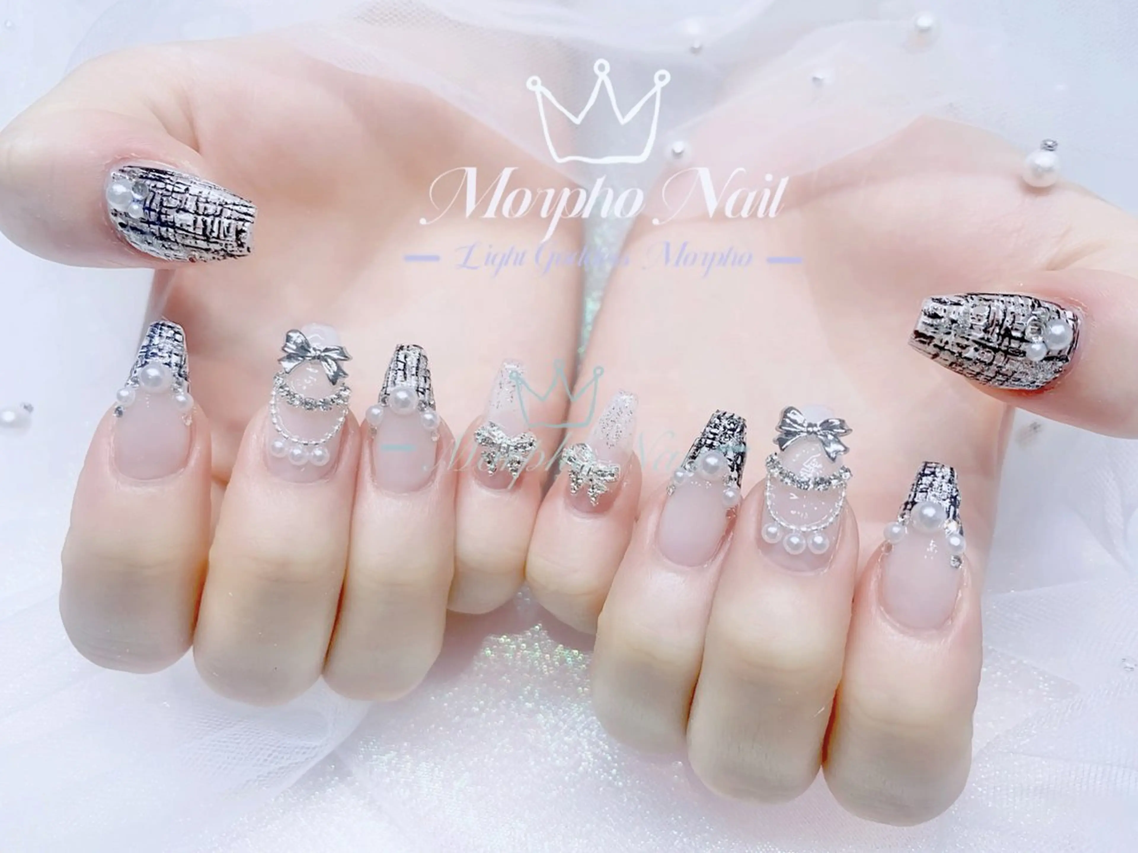 ネイル 長さ出し ジェルネイル キラキラネイル 大理石ネイル(マーブル) ニュアンスネイル ハンドネイル Morpho nailのネイルデザイン