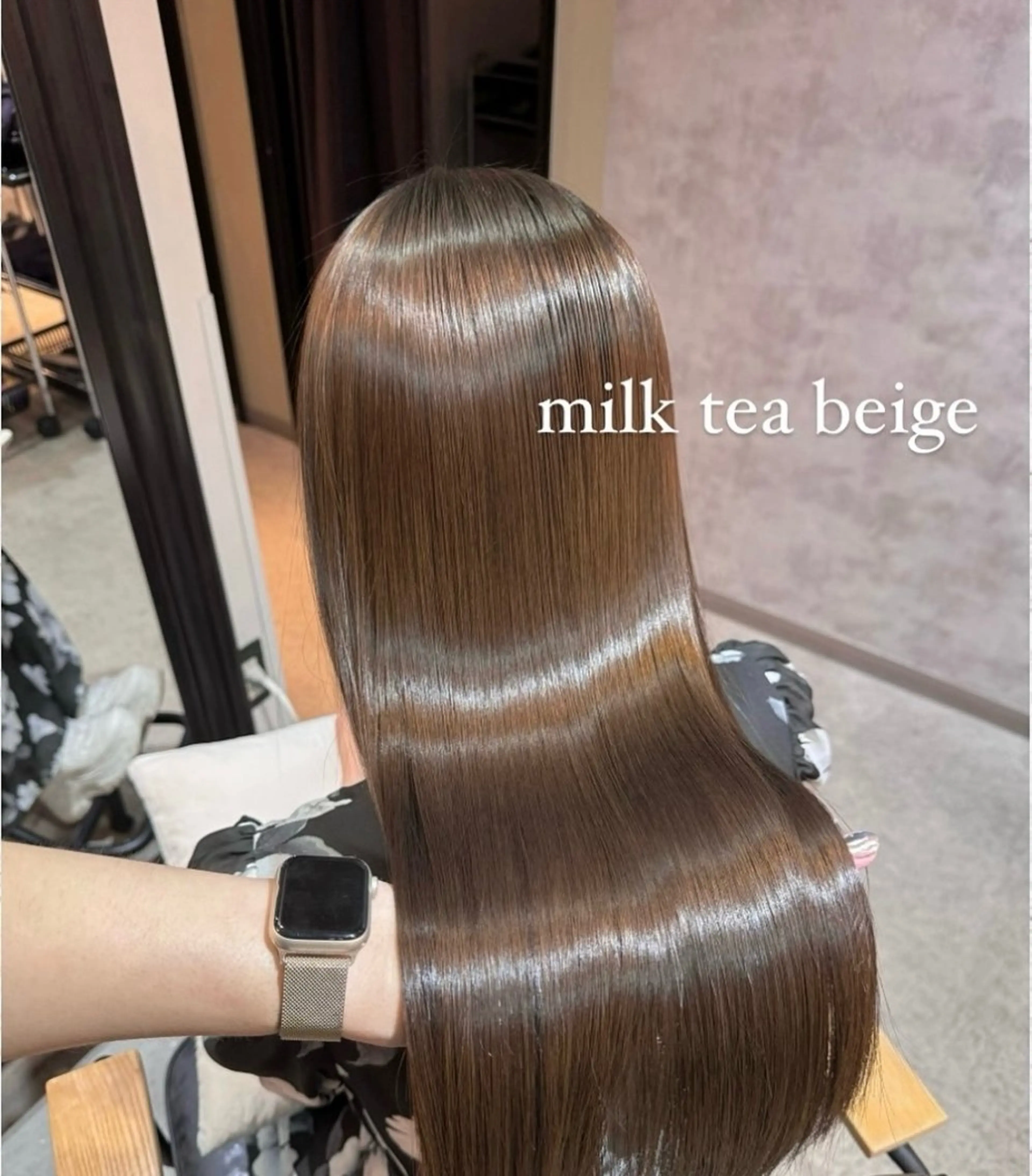 ロング カラー パーマ ベージュカラー ミルクティーベージュ 縮毛矯正 ヘアカラー 縮毛矯正 トリートメント 表参道/ハイライト バレイヤージュのヘアスタイル
