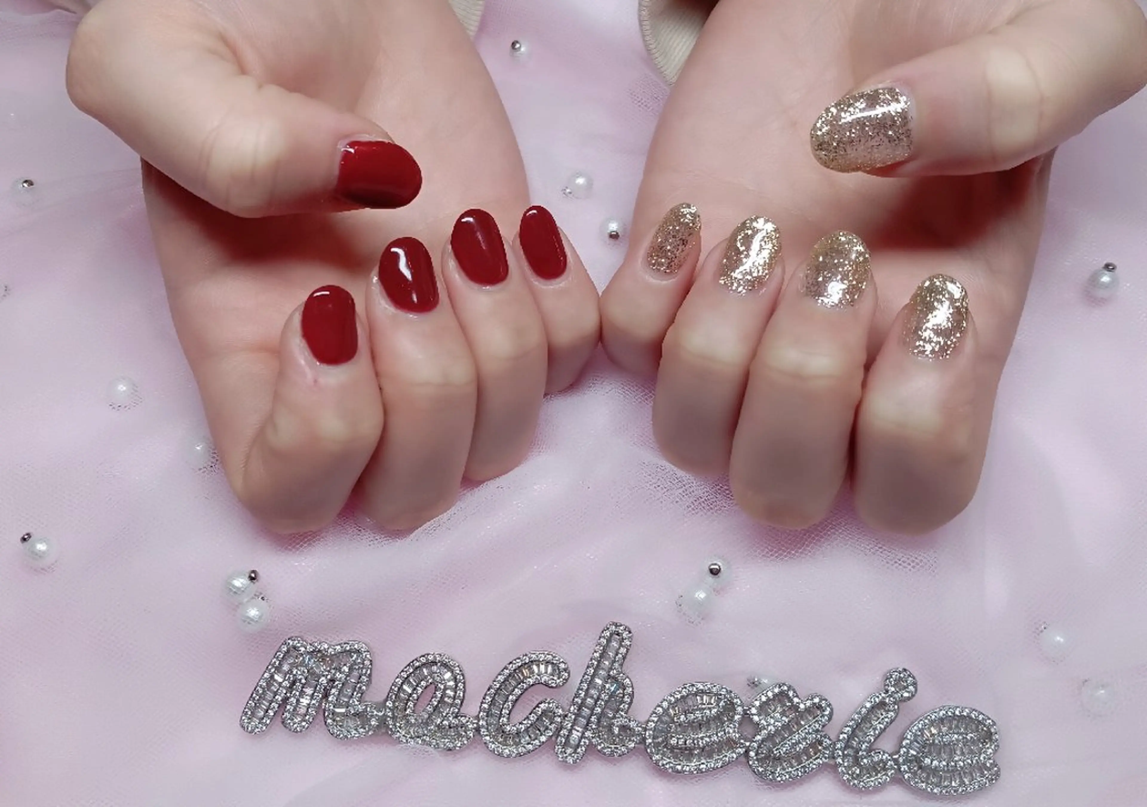 ネイル ゴールド 赤色 ハンドネイル Nail Salon macherieのネイルデザイン