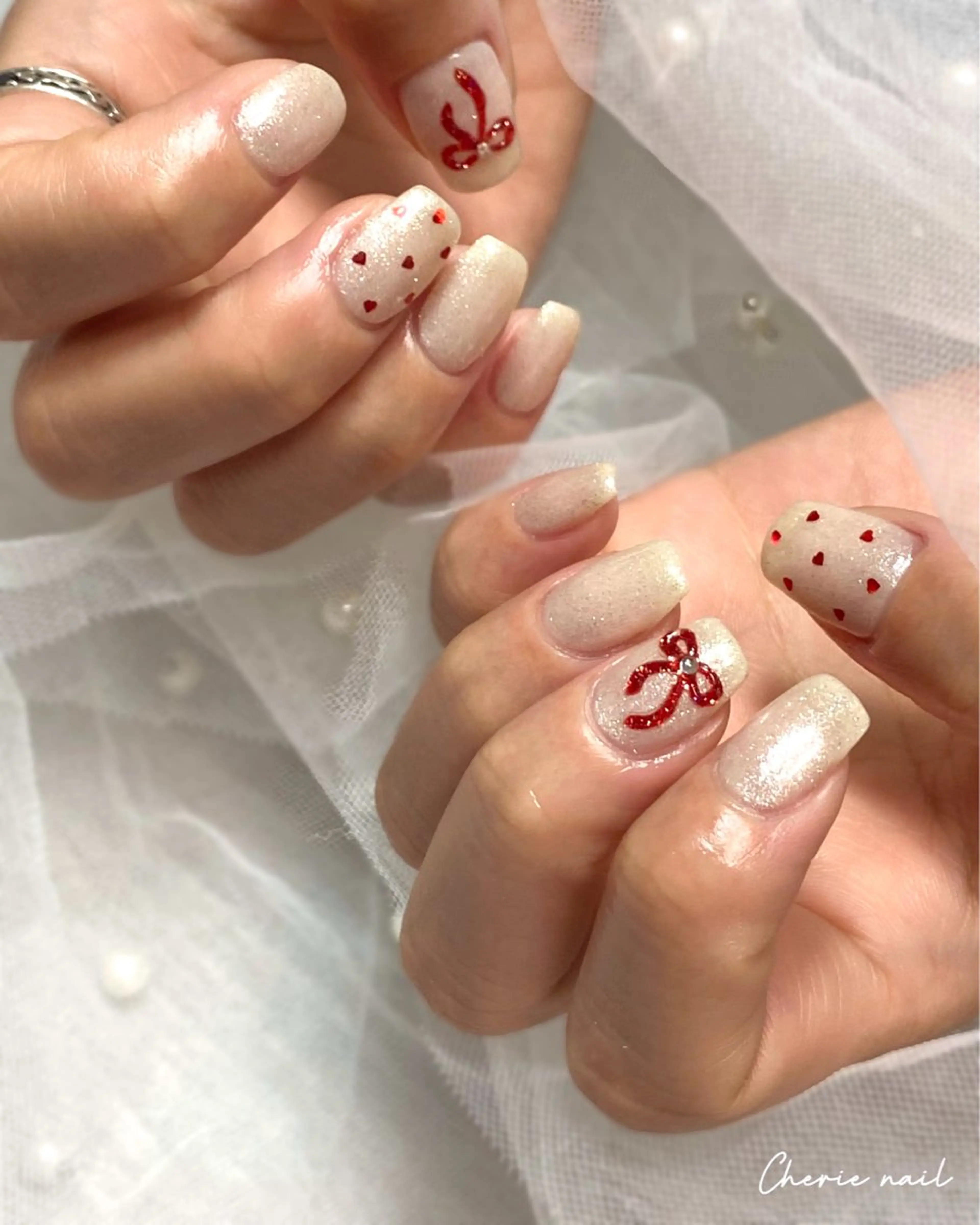 ネイル フラッシュネイル ジェルネイル ハート ラメ(グリッター) ぷっくりネイル ハンドネイル Cherienail yunaのネイルデザイン