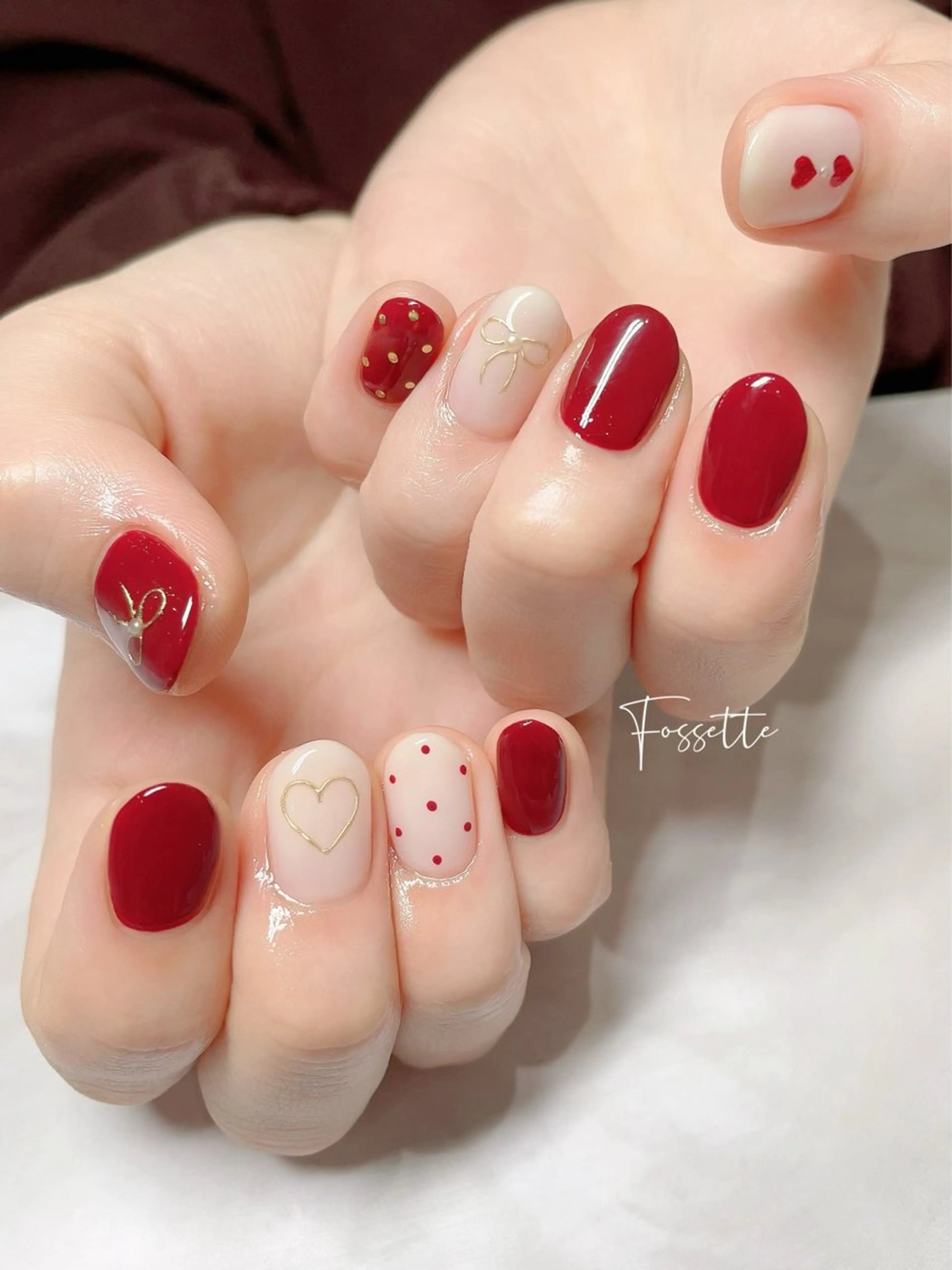 ネイル ドット ハート ミラーネイル リボン ショートネイル ハンドネイル nailsalon Fossetteのネイルデザイン