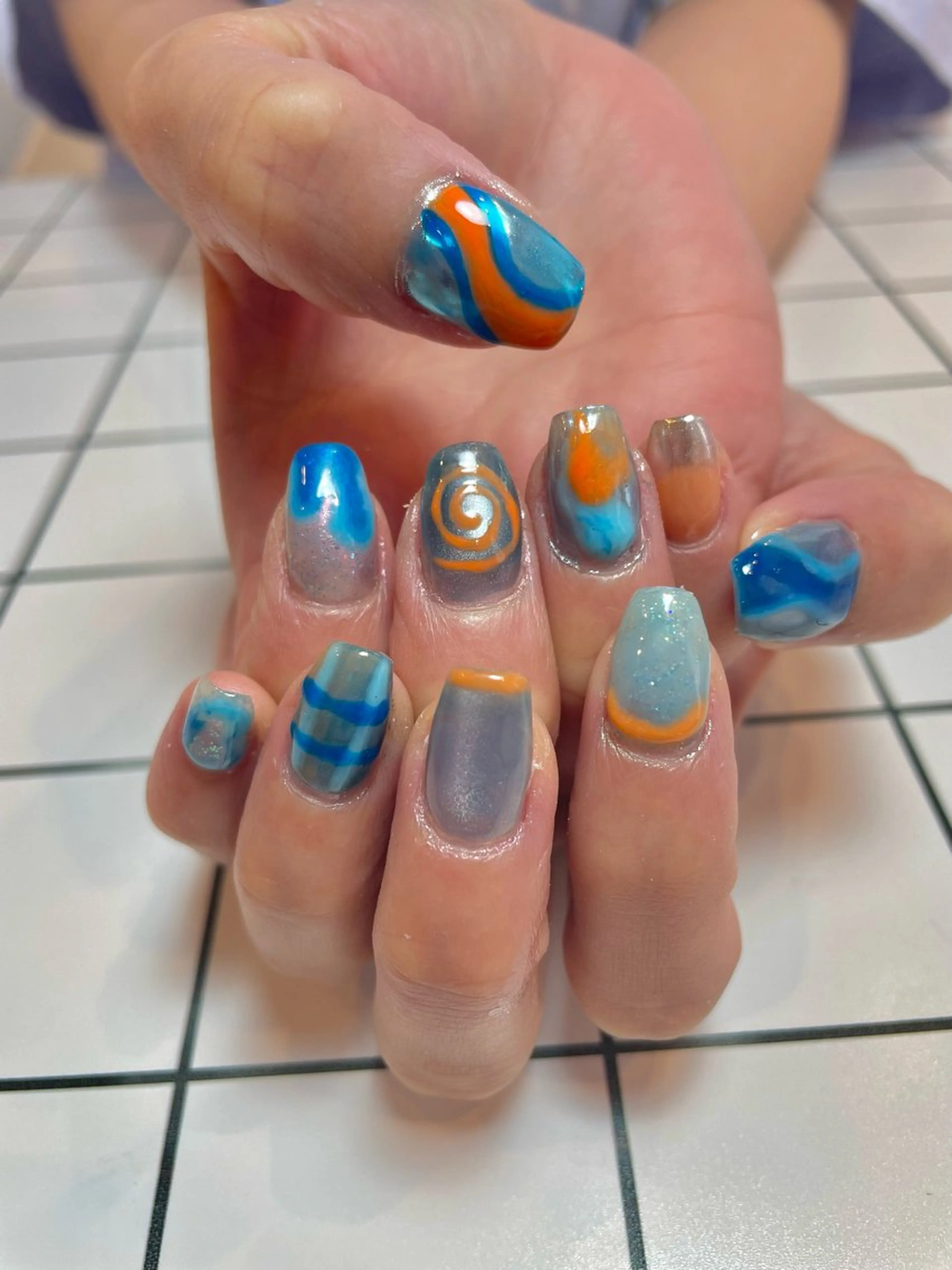 ネイル ブルー オレンジ シルバー nail salon POPPYのネイルデザイン