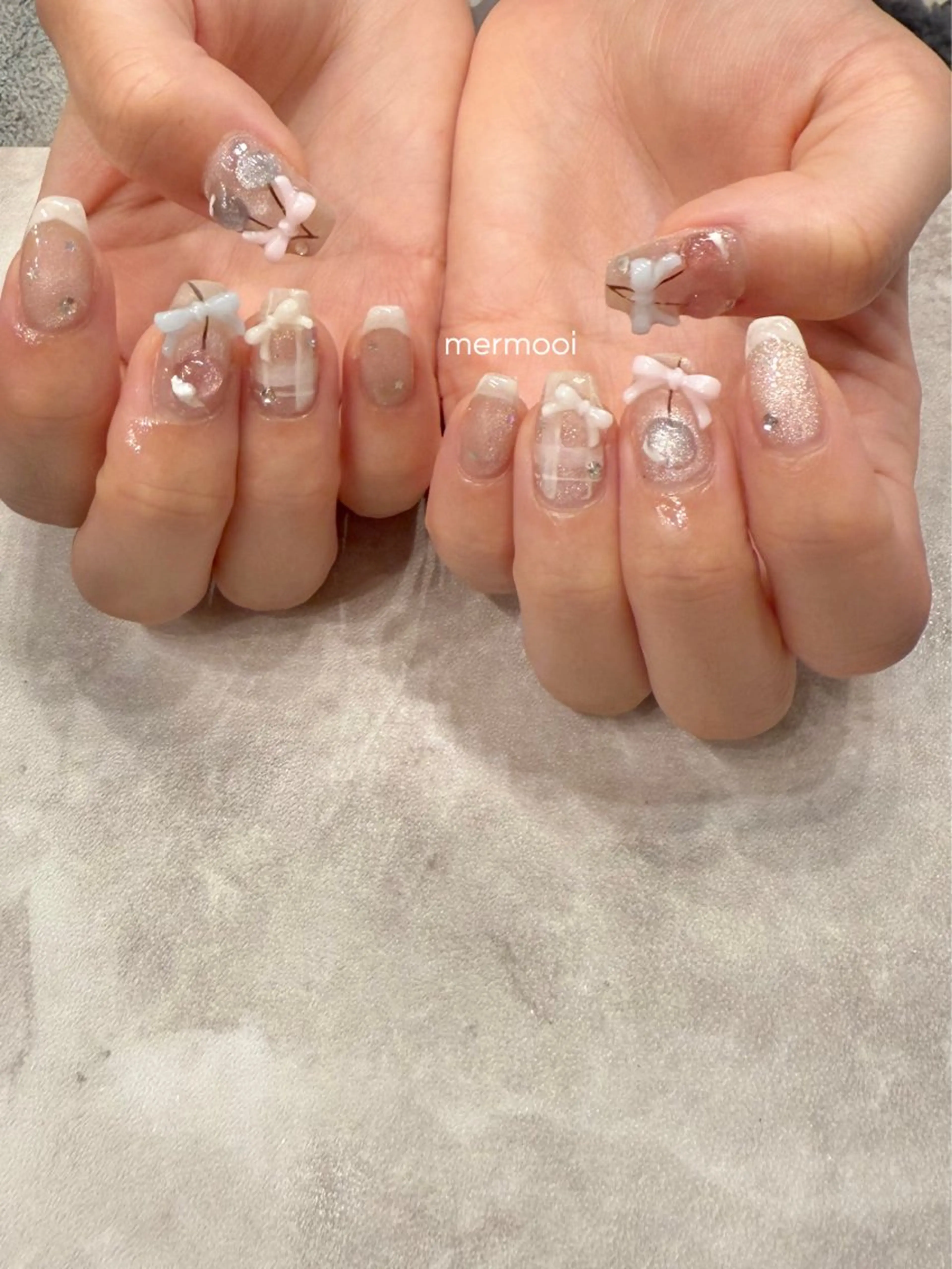 ネイル ジェルネイル ガーリー ロングネイル パラジェル リボン ハンドネイル melumooi nailのネイルデザイン
