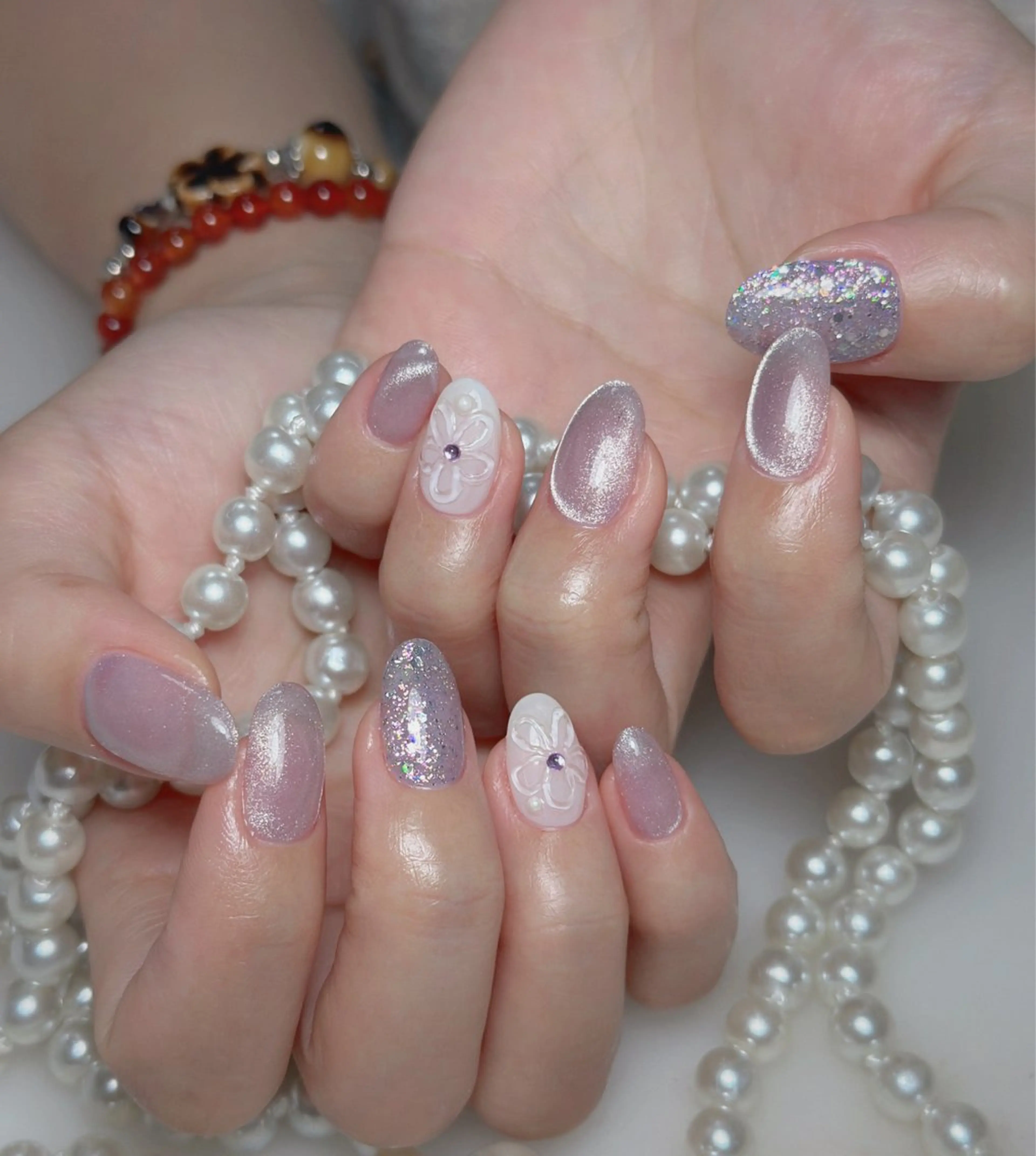 ネイル オーロラネイル 長さ出し フットネイル 韓国ネイル ラメ(グリッター) 👍thumbs up nail👍のネイルデザイン