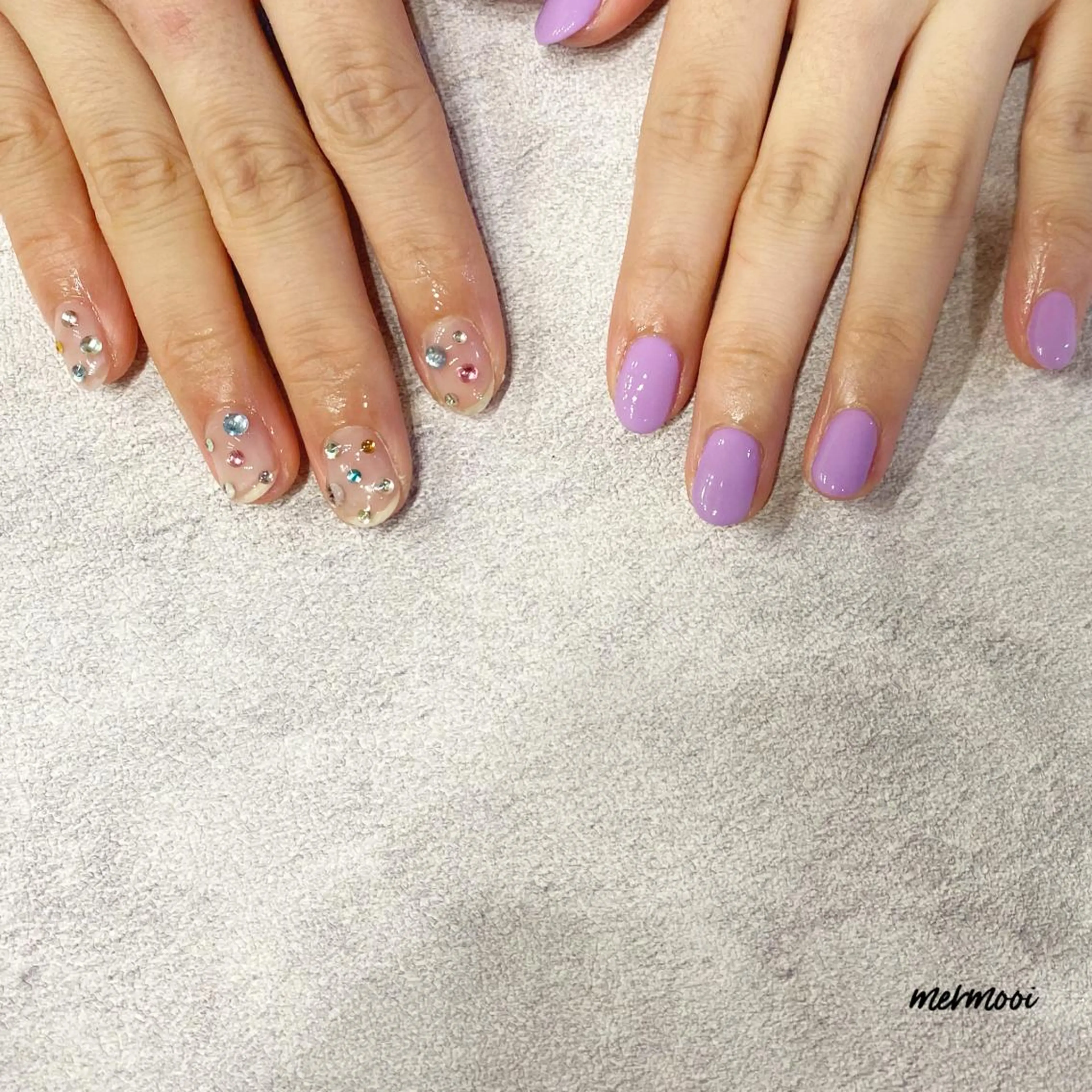 ネイル クリアネイル ジェルネイル パープル ストーンネイル 夏ネイル mermooi所属・melumooi nailのネイルデザイン