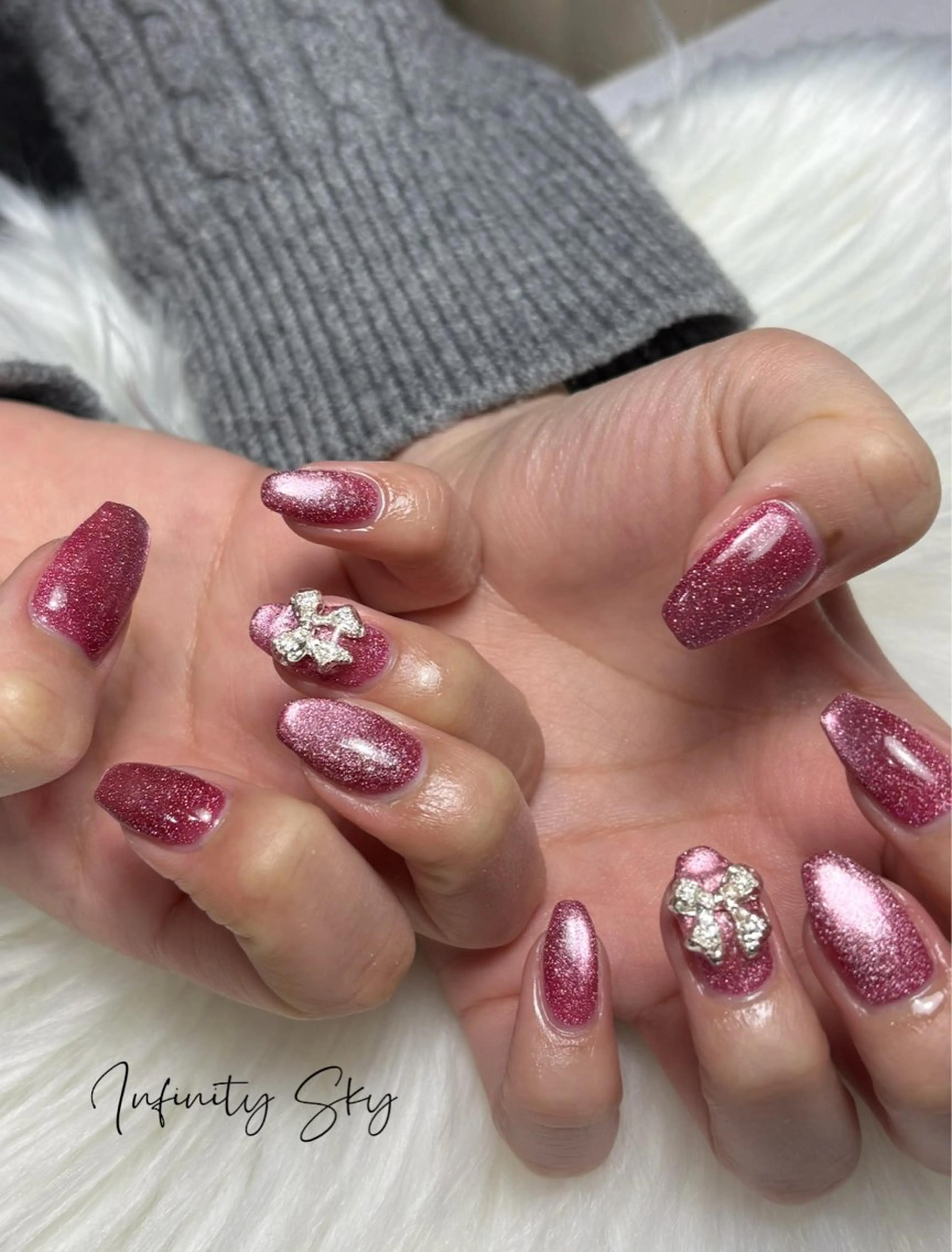 ネイル フラッシュネイル マグネットネイル ピンク リボン infinity skyのネイルデザイン