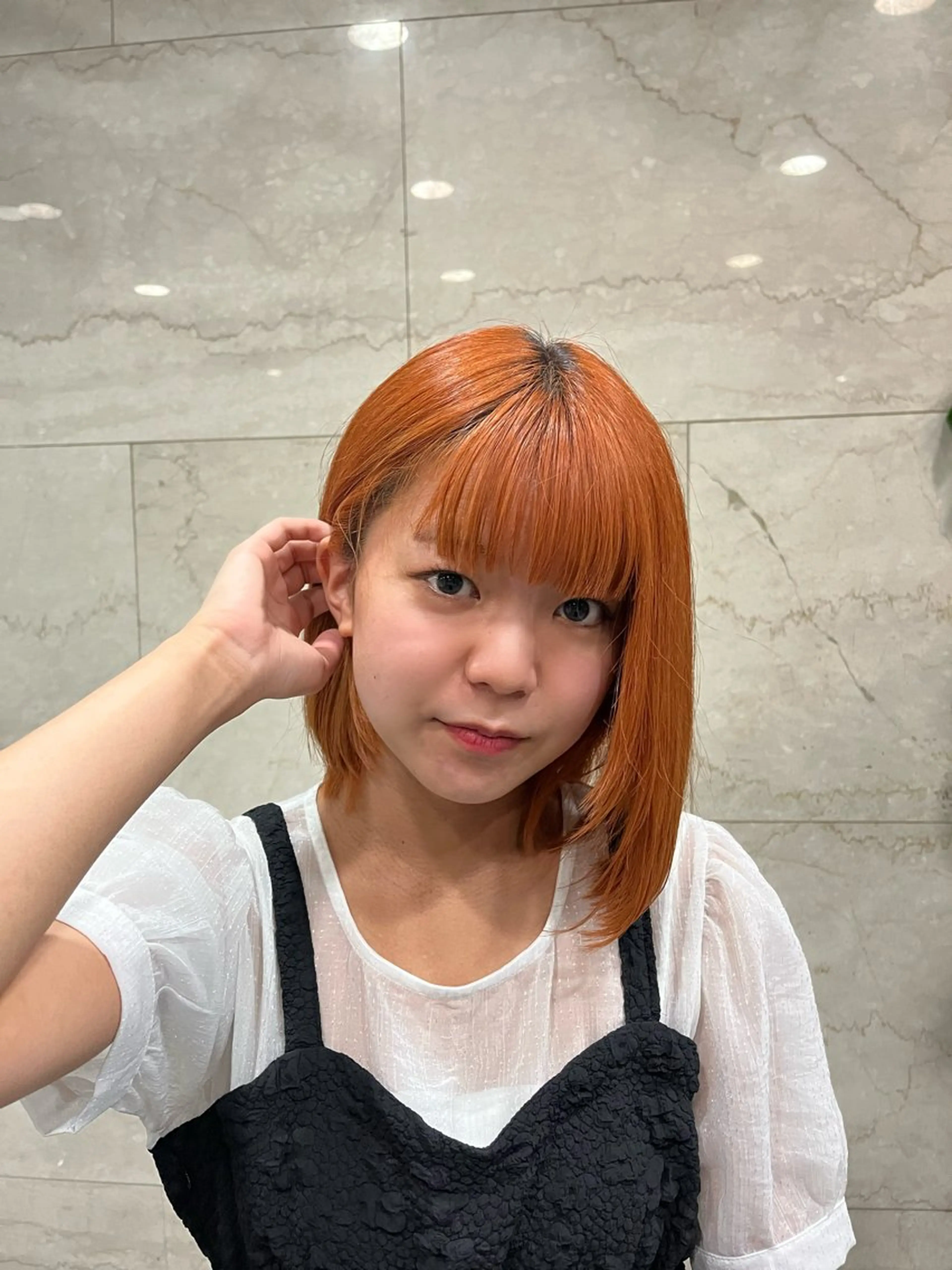 カラー オレンジ えんぐちとも／透明感 カラー／博多ボブのヘアスタイル