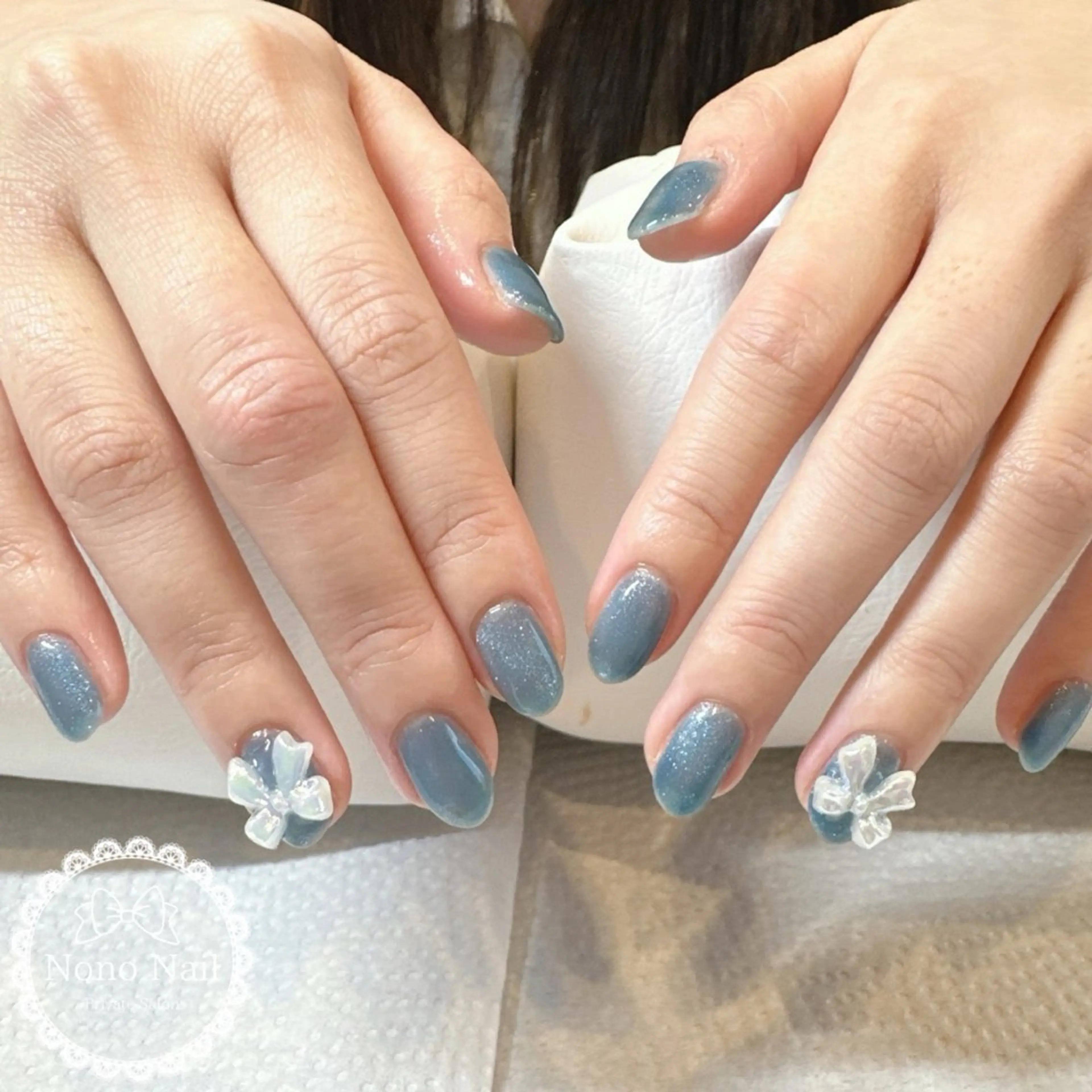 ネイル ブルー ジェルネイル マグネットネイル ワンカラーネイル リボン ハンドネイル Nono Nail ノノネイルのネイルデザイン